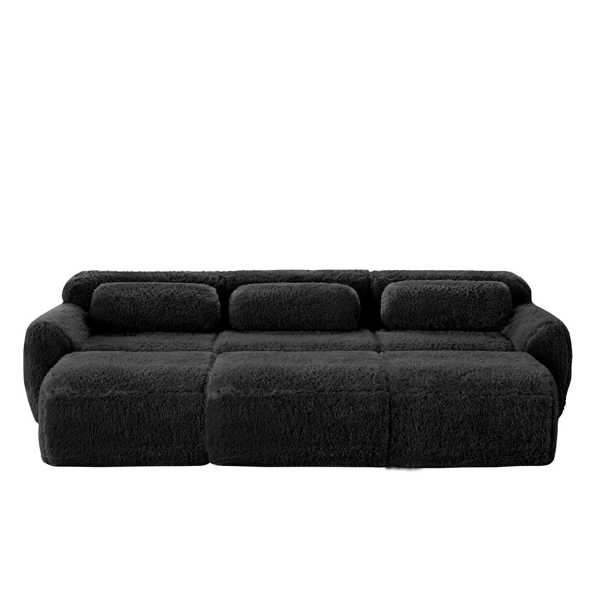 3-SITZER Sofa 291x179x73 cm aus Plüschstoff rahmenlos modular mit 3 Ottomans, schwarz - Schwarz, Textil (179/73/291cm)