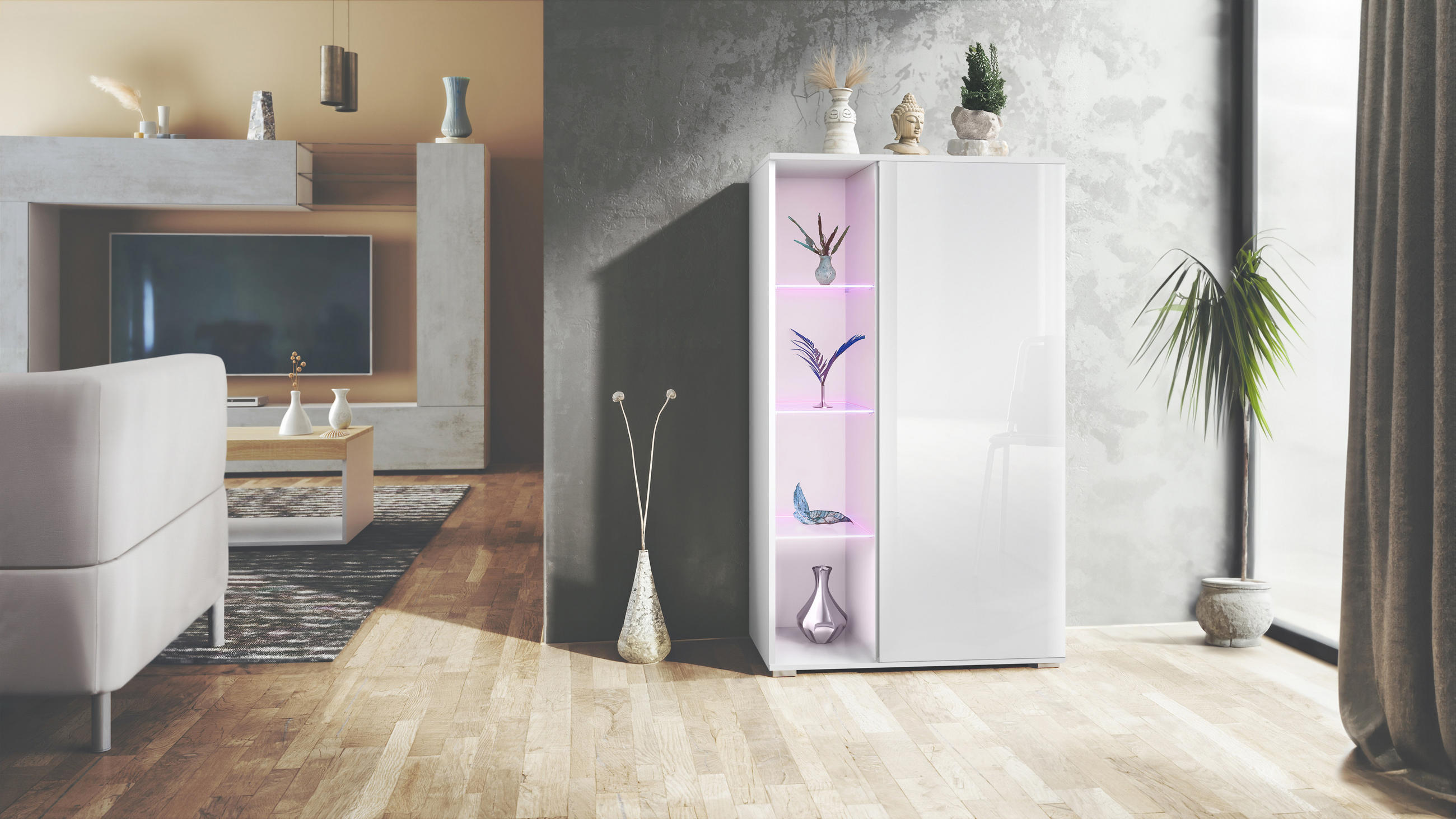 VITRINE Davos Weiß Hochglanz - Weiß Hochglanz, Holzwerkstoff (71.5/134/35cm) - Vladon