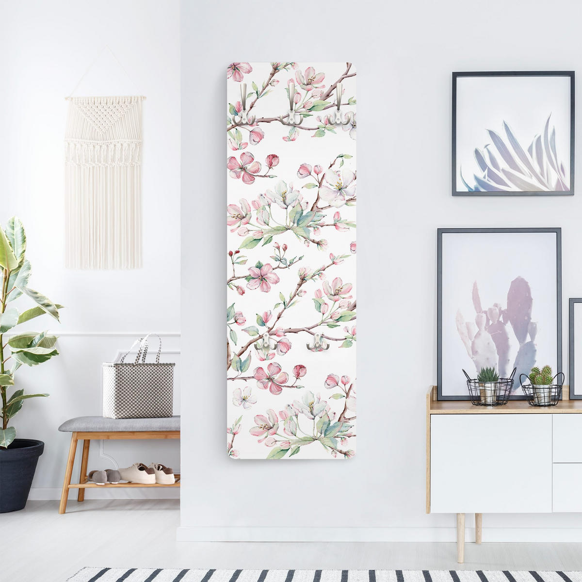 WANDGARDEROBE - Aquarell Zweige von Apfelblüten in Rosa und Weiß 34/105 cm - Weiß, Holzwerkstoff (34/105/1.6cm) - Bilderwelten
