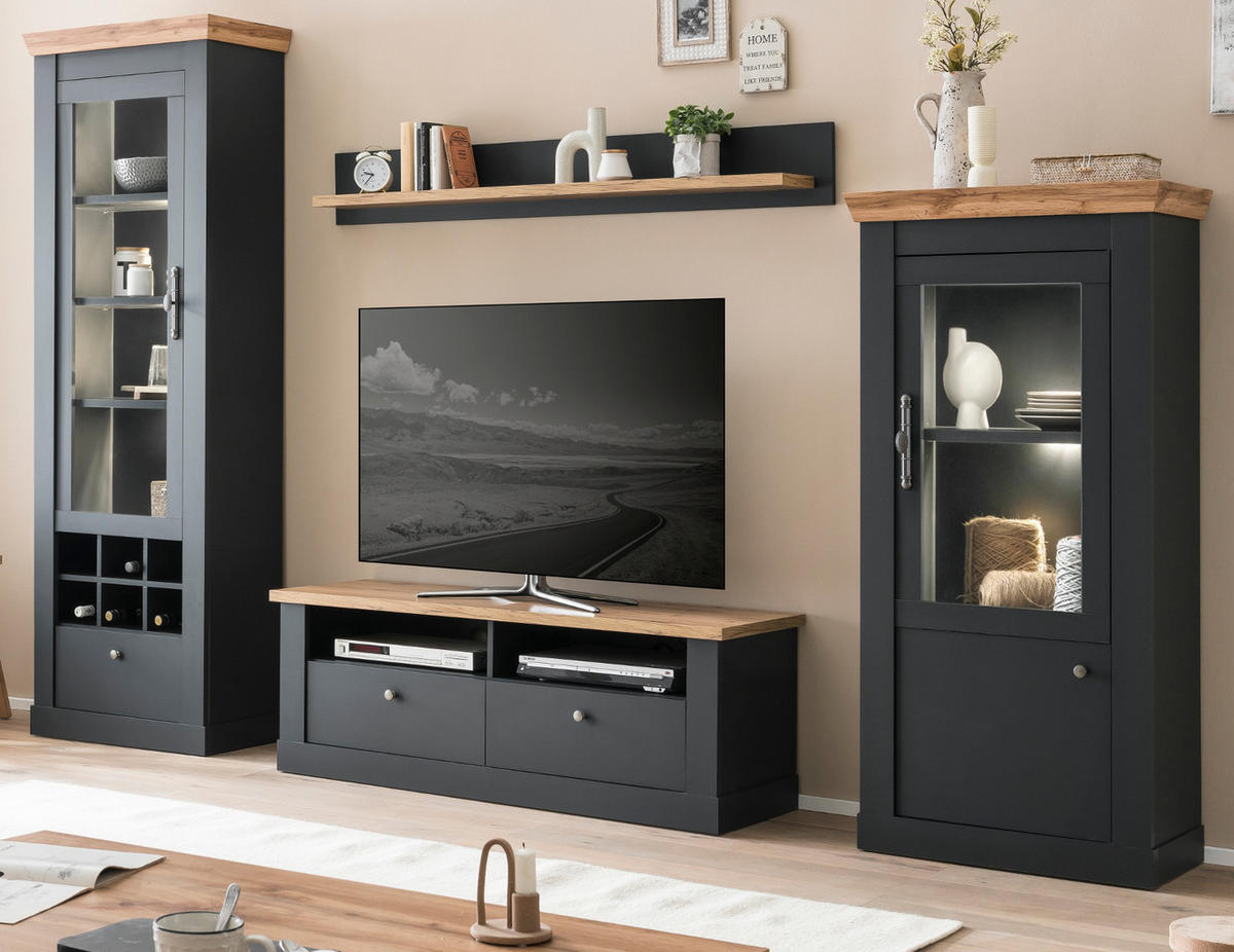 WOHNWAND 4-teilig grau, Eiche Wotan, Landhaus 299 x 201 cm, Wohnkombination mit Soft-Close - Silberfarben/Eiche Wotan, Glas/Holzwerkstoff (299/201/45cm) - Furn.Design