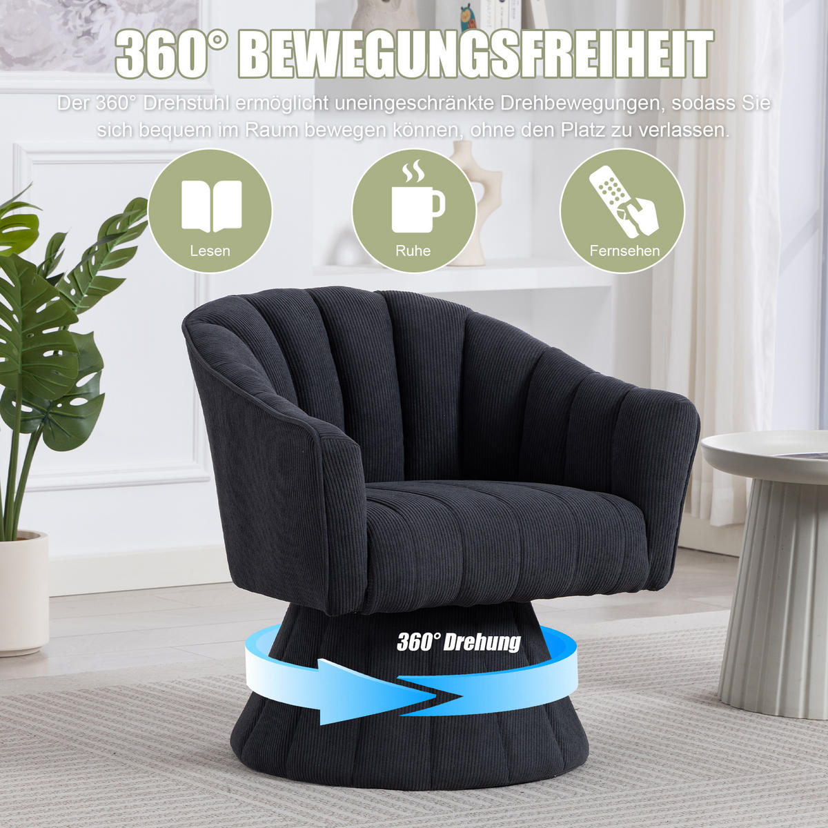 DREHSTUHL Cord Dunkelgrau drehbar - Dunkelgrau, Holzwerkstoff/Textil (70/72/66cm) - WISHDOR