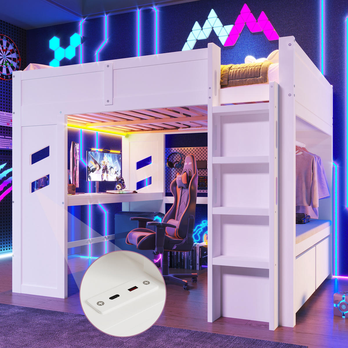 HOCHBETT 140x200cm Weiß Gaming Schreibtisch LED-Licht USB-C - Weiß, Holz (140/200cm) - FLIEKS