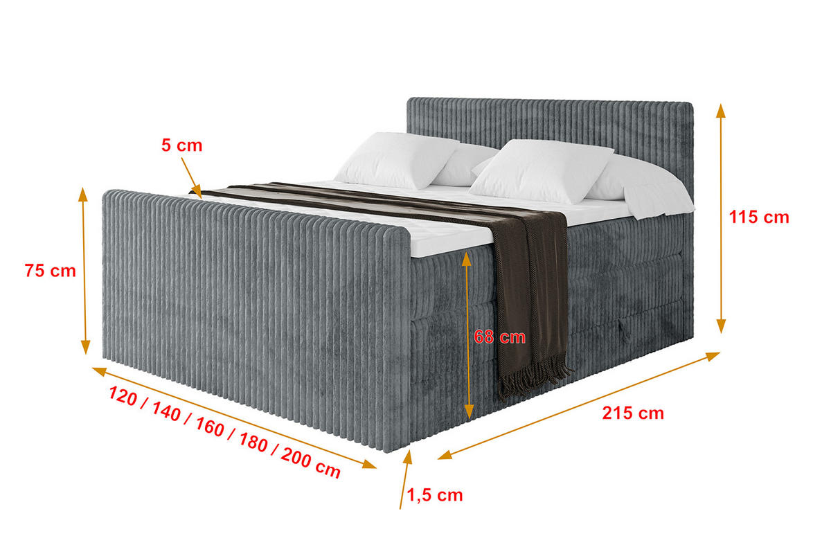 BOXSPRINGBETT mit Matratze H3|H4 und Lattenrost - TOLO-Z KING 200x200 Cord - Dunkelgrau - Dunkelgrau, Holzwerkstoff (200/200cm) - ALTDECOR