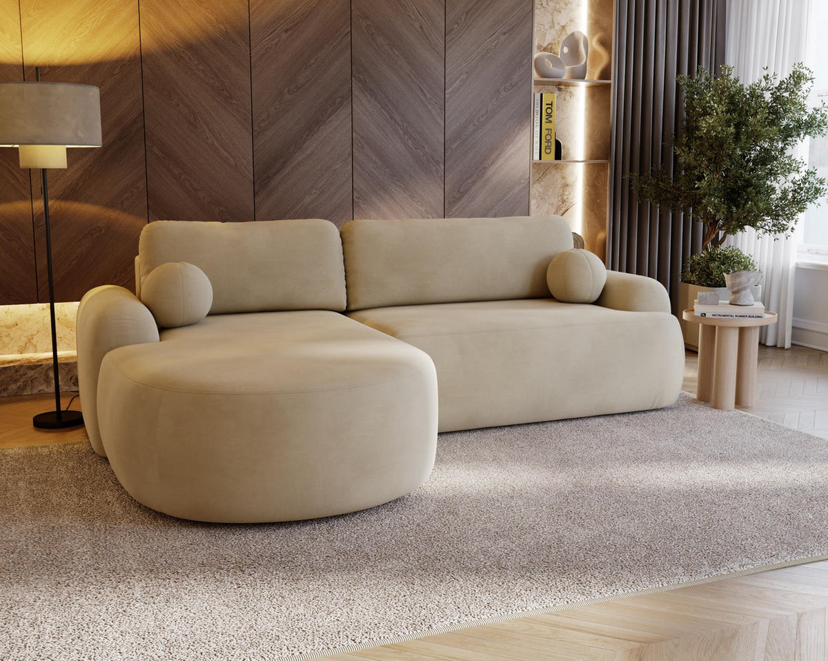 ECKSOFA Cloudy Beige, Sofa aus Velourstoff mit Kissen, linke seite - Beige, Holzwerkstoff/Textil (177/261cm) - Bettso