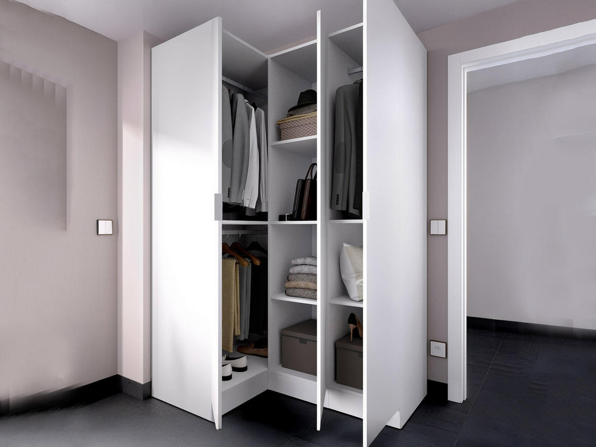 ECKKLEIDERSCHRANK Holz-Effekt Weiß 90.5x133h184 - Weiß, Holzwerkstoff (133/184/91cm) - DMORA