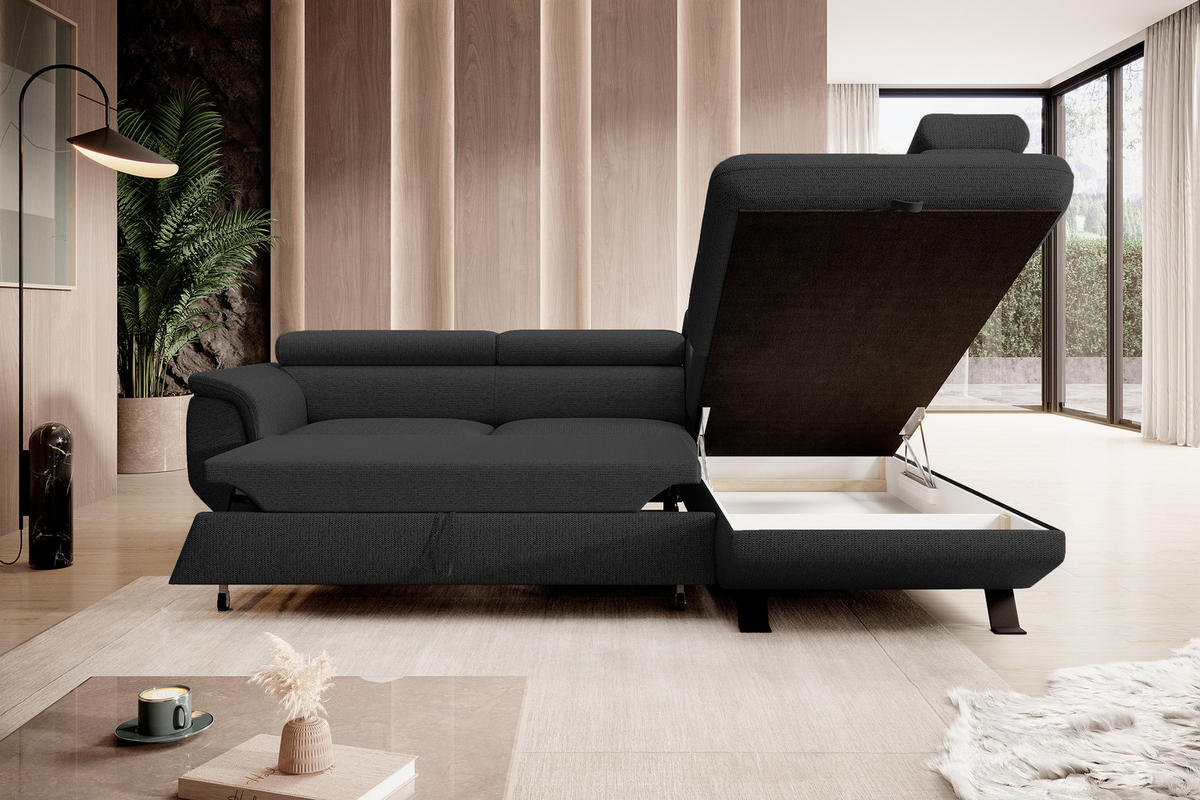 ECKSOFA Raven L mit Schlaffunktion und Bettkasten, Freistehend, Polstersofa mit Verstellbaren Kopfstützen, 257x198x96 cm – Rechte, Schwarz - Schwarz, Holz/Textil (256/198cm) - DomoHome