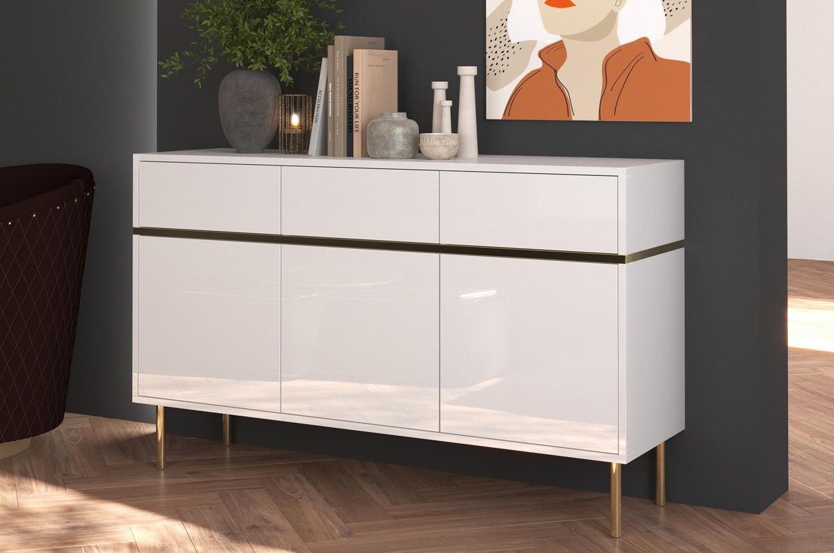 SIDEBOARD Marika, Weiß, Gold, Hochglanz - Goldfarben/Weiß, Holzwerkstoff/Metall (137.5/85/39.5cm) - Dancan