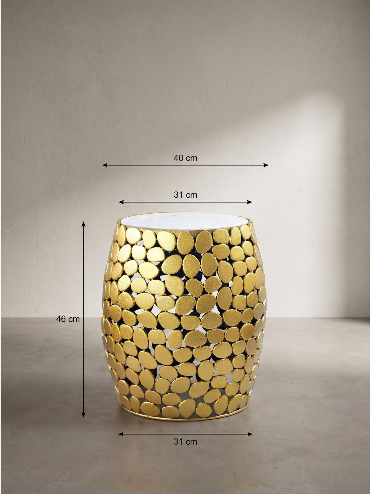 BEISTELLTISCH DIEMEL, Marmor, handgefertigt, Gold-Weiß, Ø 40 x 46 cm - Goldfarben, Stein/Metall (40/40/46cm) - KADIMA DESIGN