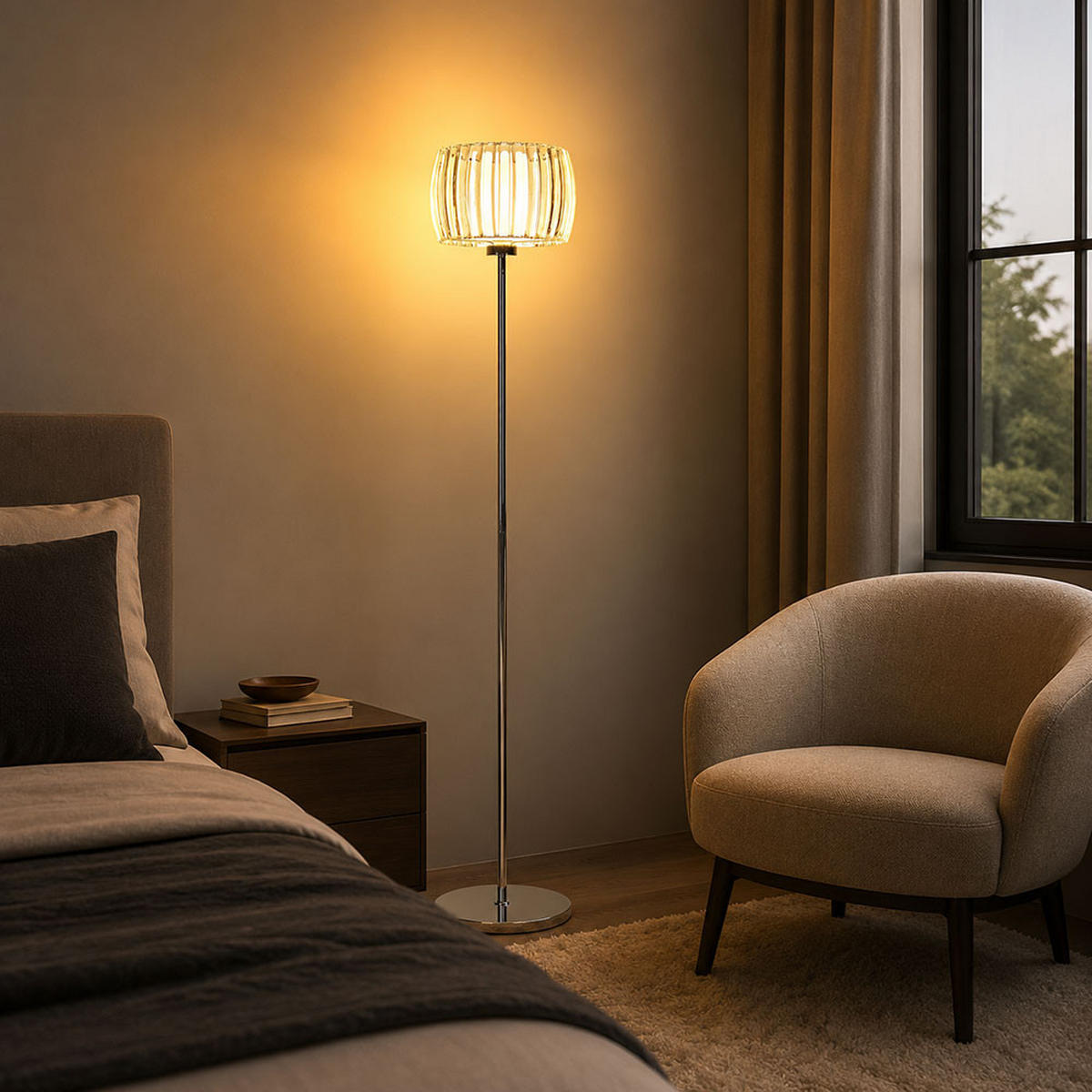 LED STEHLEUCHTE, Metall verchromt, Silber, Fußschalter - Silberfarben, Glas (32.5/32.5/150cm) - Globo Lighting