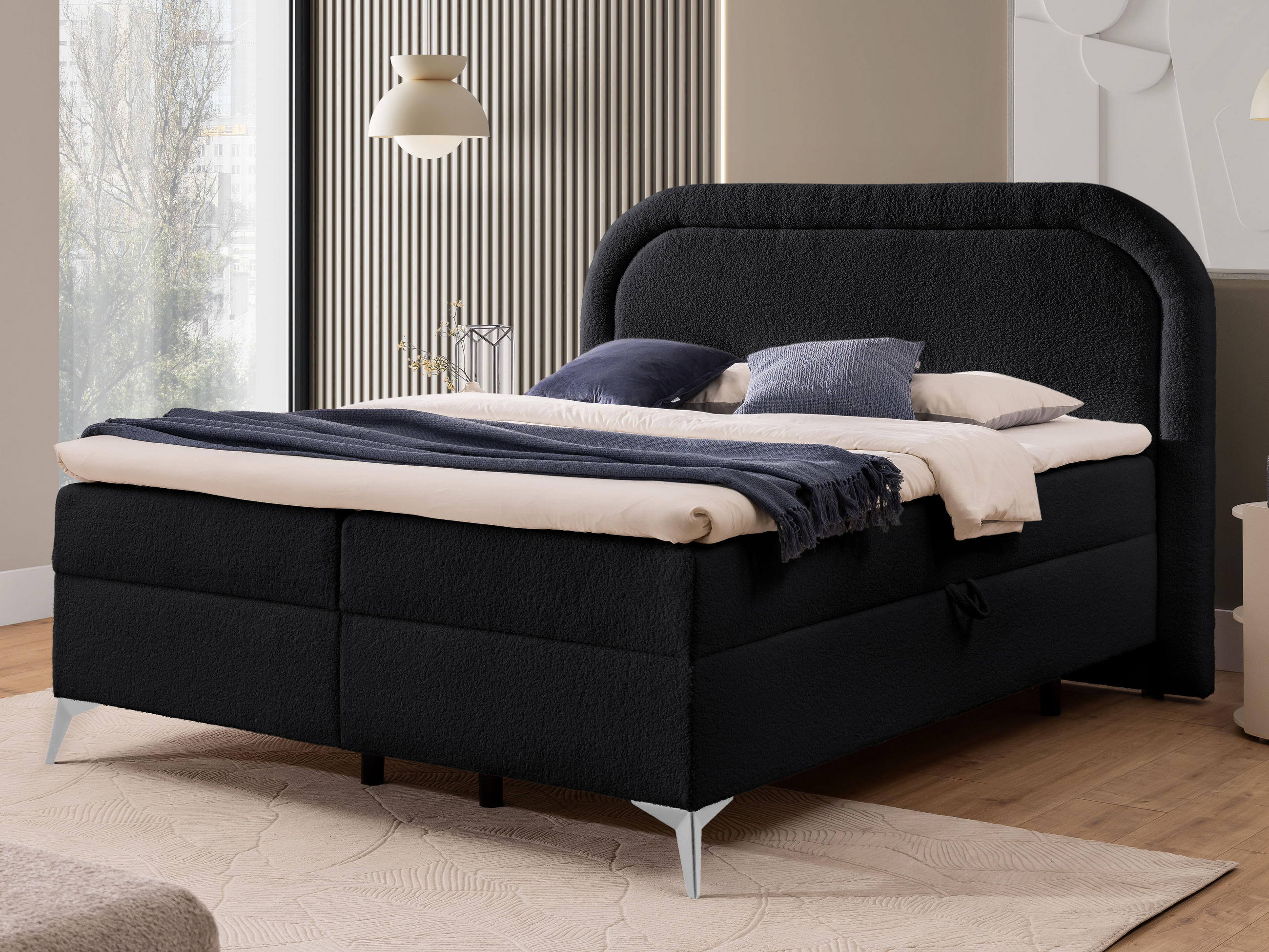 BOXBETT Sonna 160/200 cm Schwarz Bouclé-Stoff mit abgerundetem Kopfteil und mit silbernen Metallfüßen - Silberfarben/Schwarz, Holz/Textil (160/200cm) - S-Style Möbel