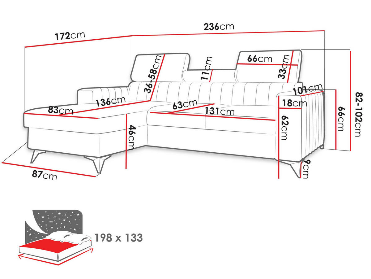 ECKSOFA Milano, Seite: Links LC+2R - Schwarz/Dunkelblau, Holz/Textil (236/172cm) - MIRJAN24