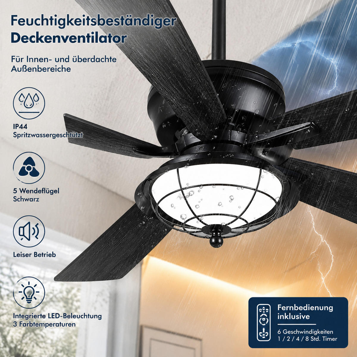 DECKENVENTILATOR für geschützte Außenbereiche Schwarz 132 cm mit LED und leisem DC-Motor 5013 - Schwarz, Metall (132.1/132.1/53.3cm) - Surtime