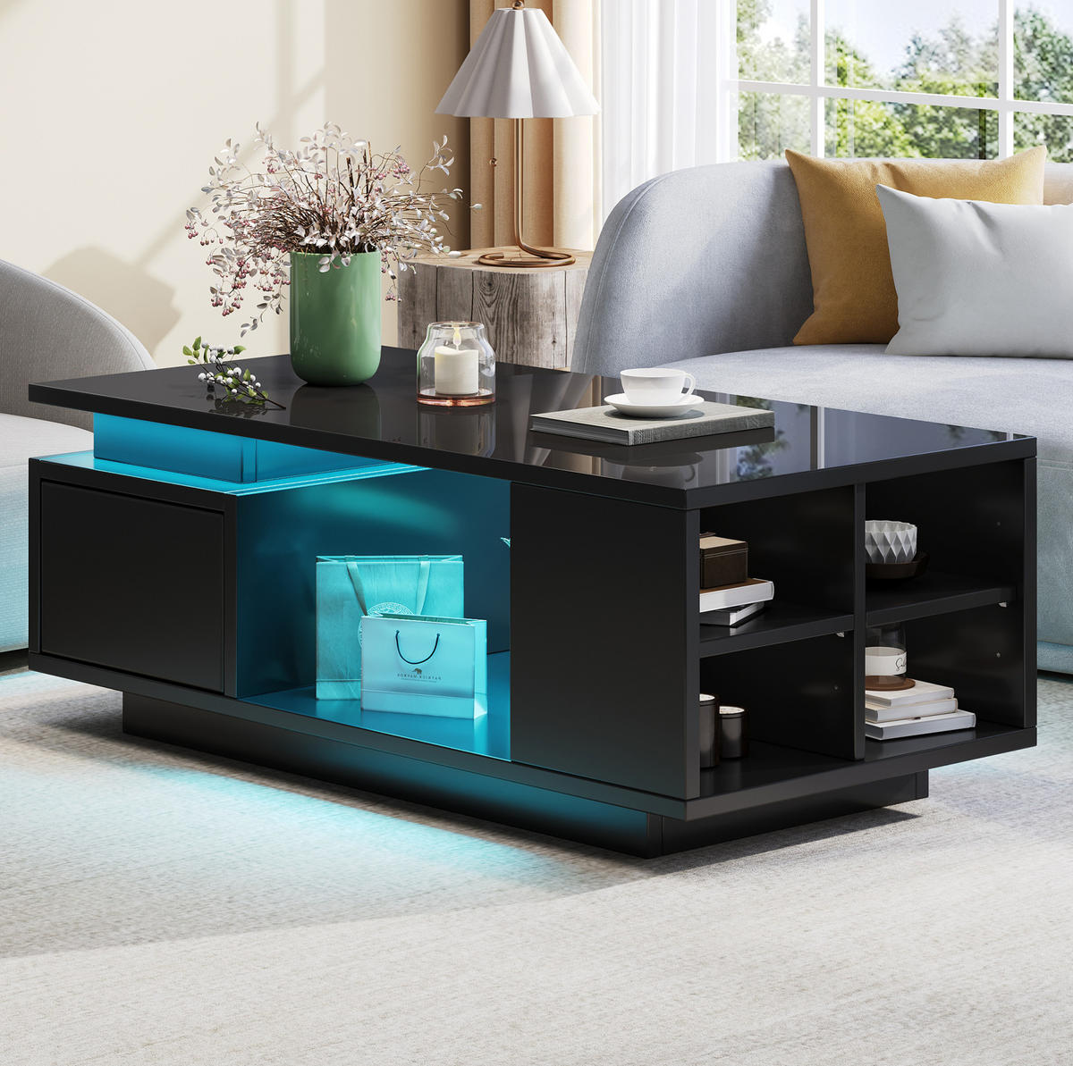 COUCHTISCH 100/50/36 cm mit Schublade, LED-Beleuchtung und seitlichen Ablagen, Hochglanz, Schwarz - Schwarz, Holzwerkstoff (100/50/36cm) - Redom