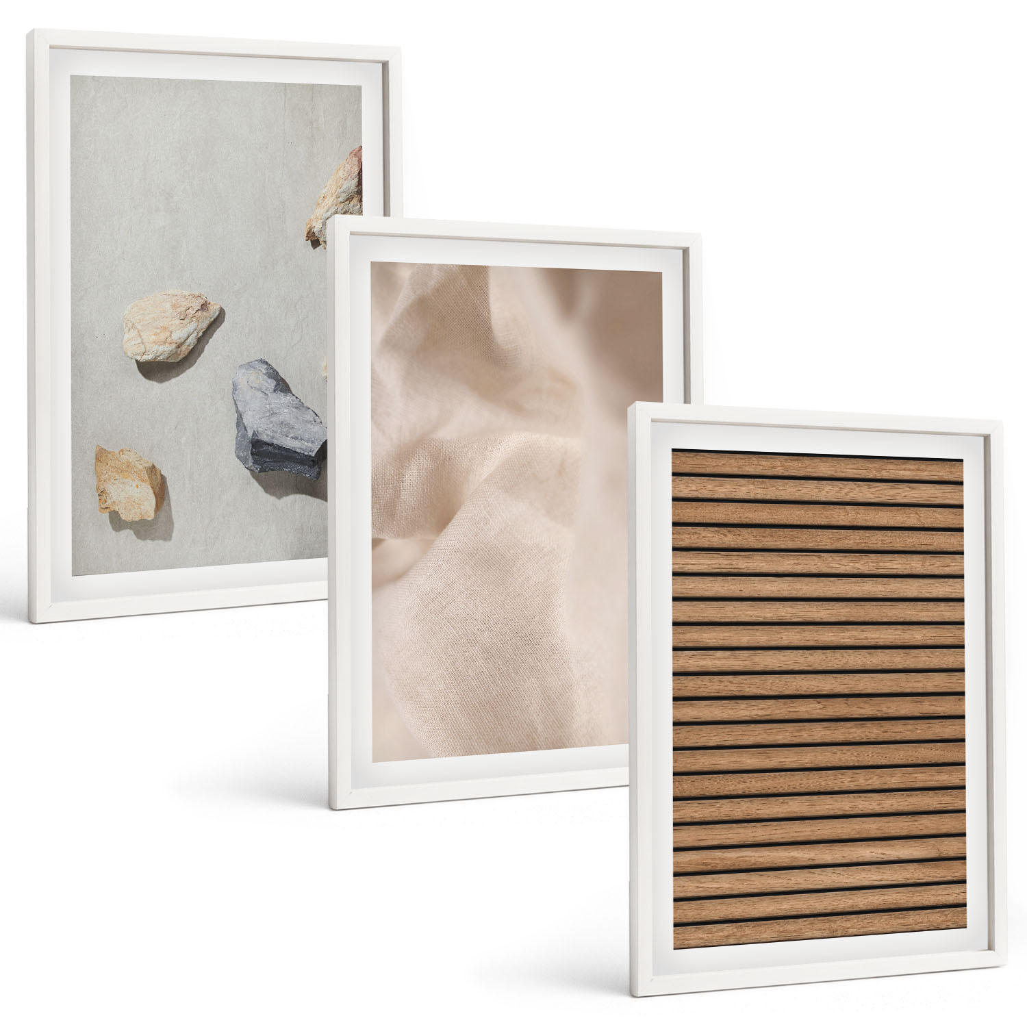 BILDER SET 3er Set - 40x60 cm Weißer Rahmen - Steine, Holz, Stofftexturen - Weiß, Kunststoff (40/60cm) - TULUP