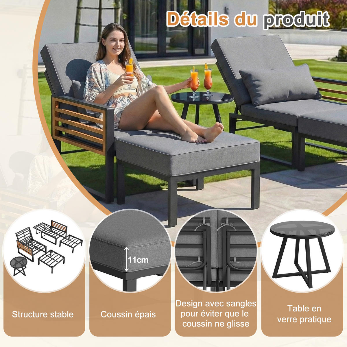 DOPPELLIEGE 2-4 Personen Mit Verstellbarer Rückenlehne Inkl. Kissen - Grau, Metall - FLIEKS