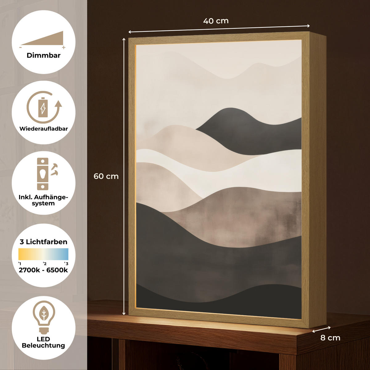 NÁSTĚNNÁ LAMPA S AKUMULÁTOREM Abstraktní - Krajina - Vlny - Krémová barva 40x60 cm - šedohnědá, kompozitní dřevo (40/60/8cm) - OnlyWow