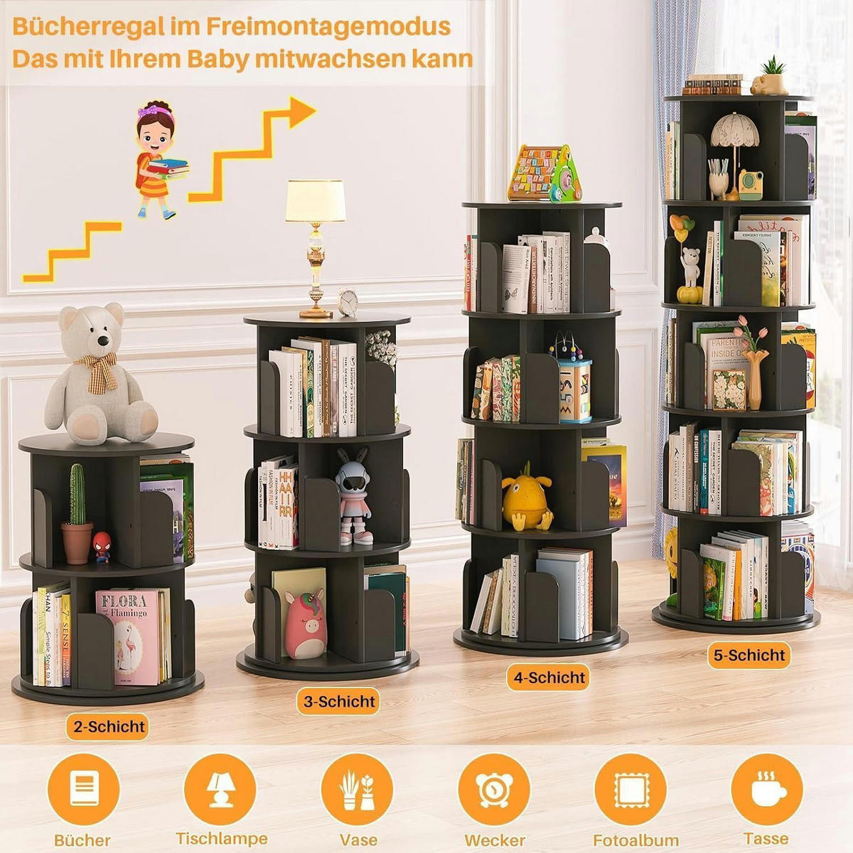 BÜCHERREGAL drehbar 5-stöckig Schwarz 360 Grad drehbar - Schwarz, Holzwerkstoff (40/160/40cm)