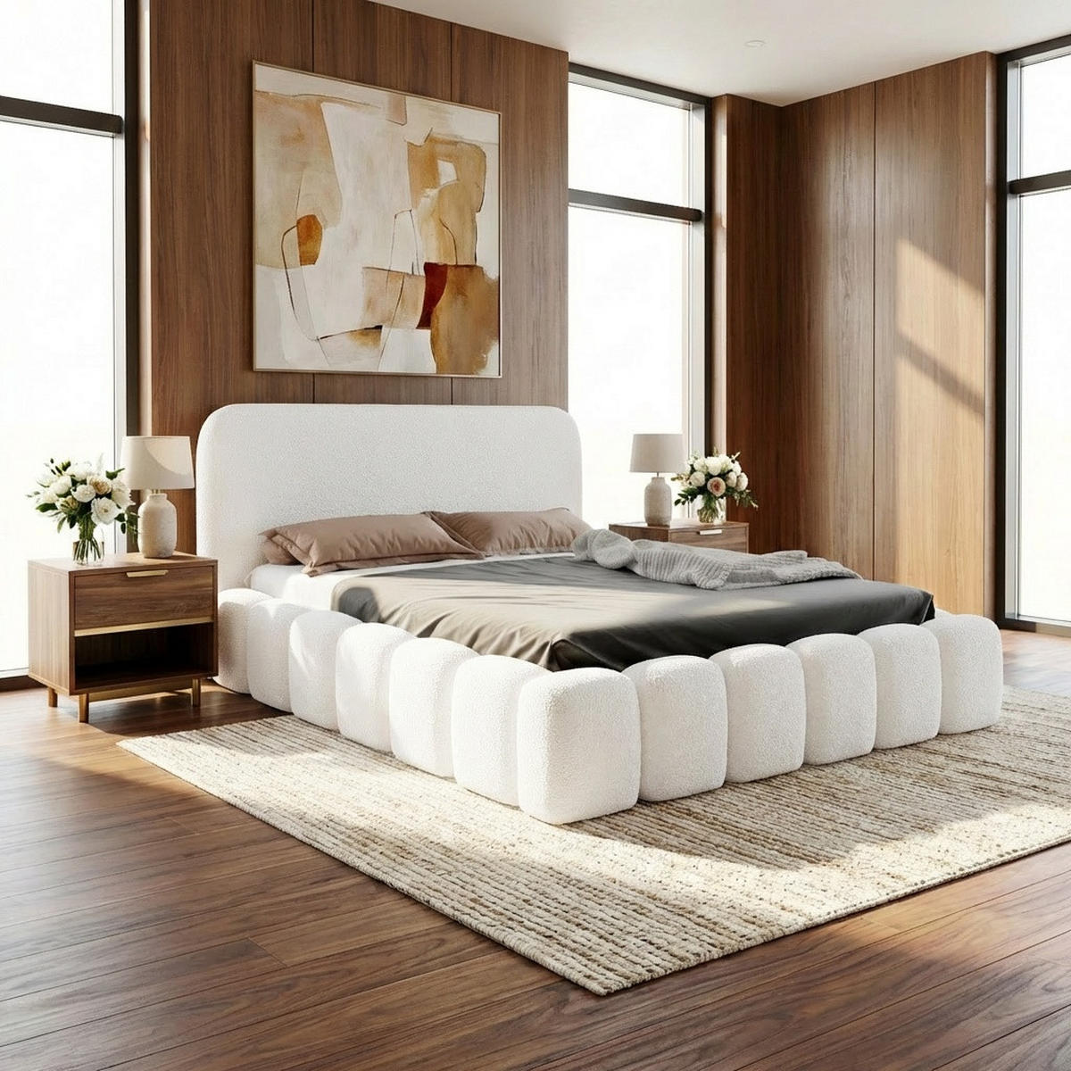 POLSTERBETT MONI 160x200 mit Bettkasten und Lattenrost – Bouclé Stoff MONTE Weiß - Weiß, Textil (160/200cm) - Luxkor24