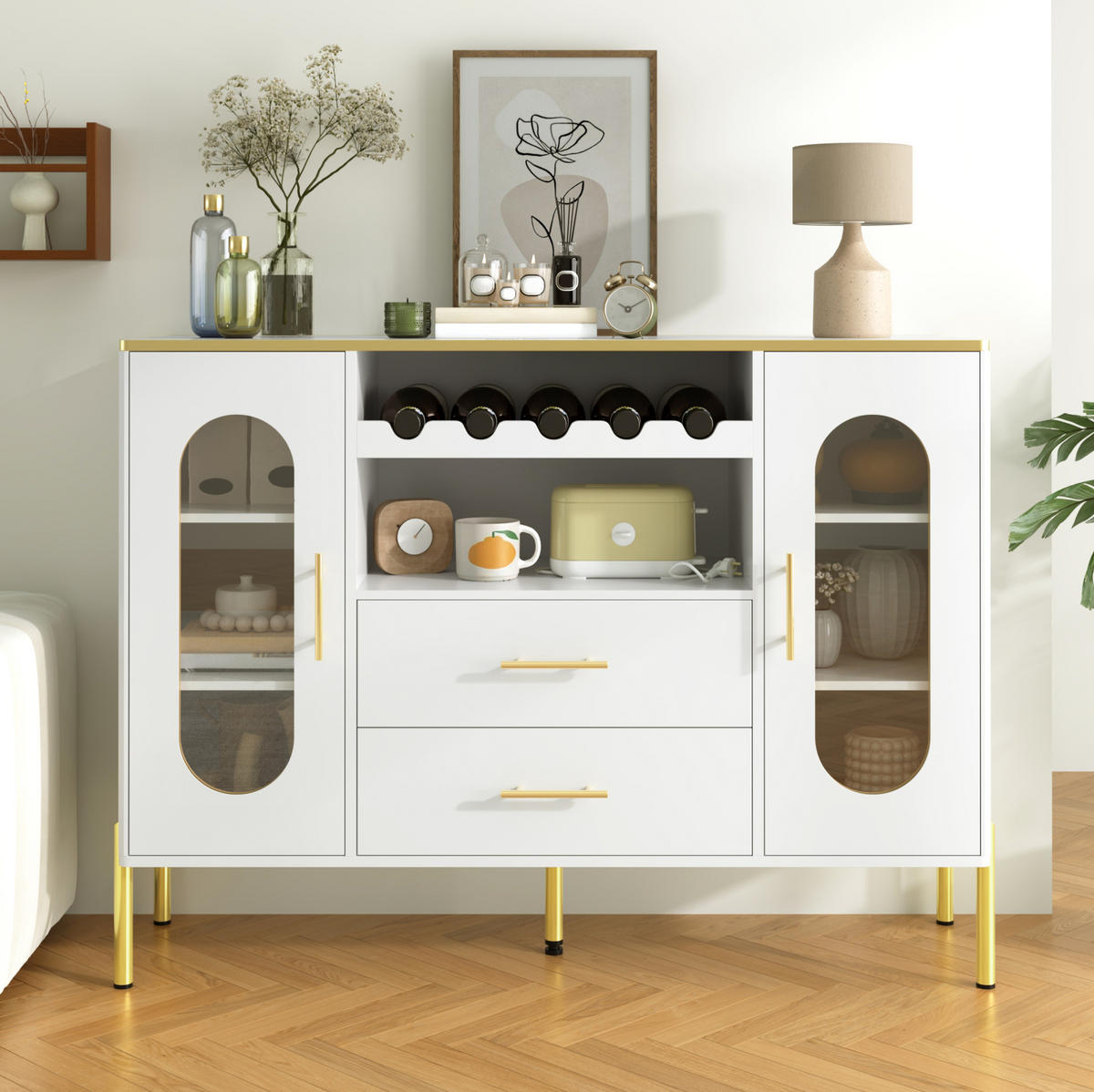 SIDEBOARD 120/38/90 cm mit Glastüren, Schubladen & Weinregal in Weiß - Weiß, Holzwerkstoff (120/90/38cm) - BEAOK