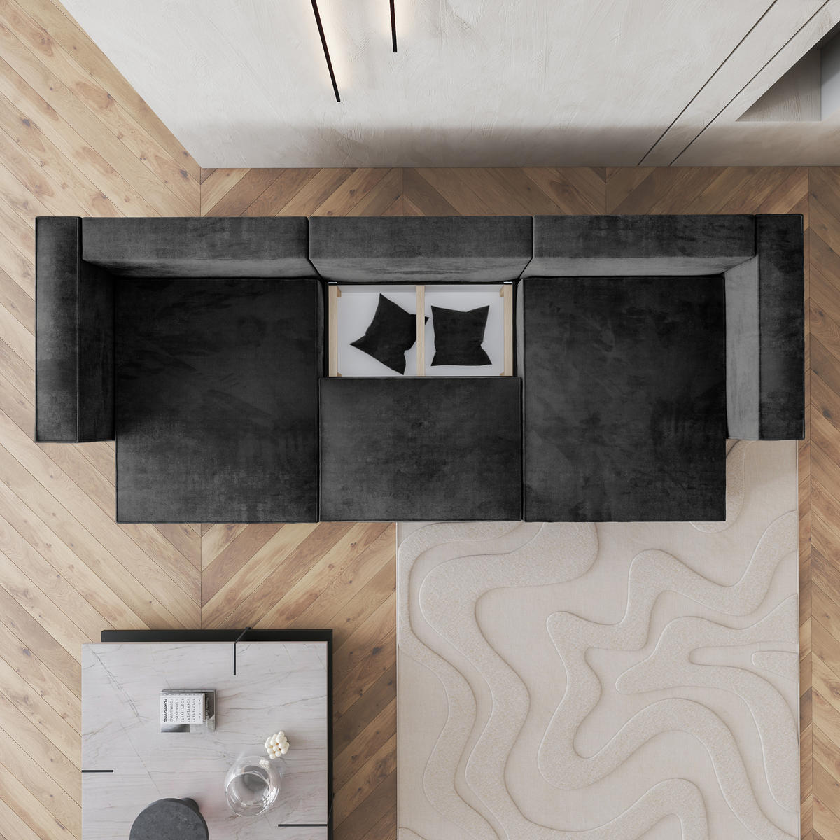 WOHNLANDSCHAFT SARMO M Schwarz Velours-Stoff mit Schlaffunktion - Schwarz, Holz (347/70/148cm) - MASSENO