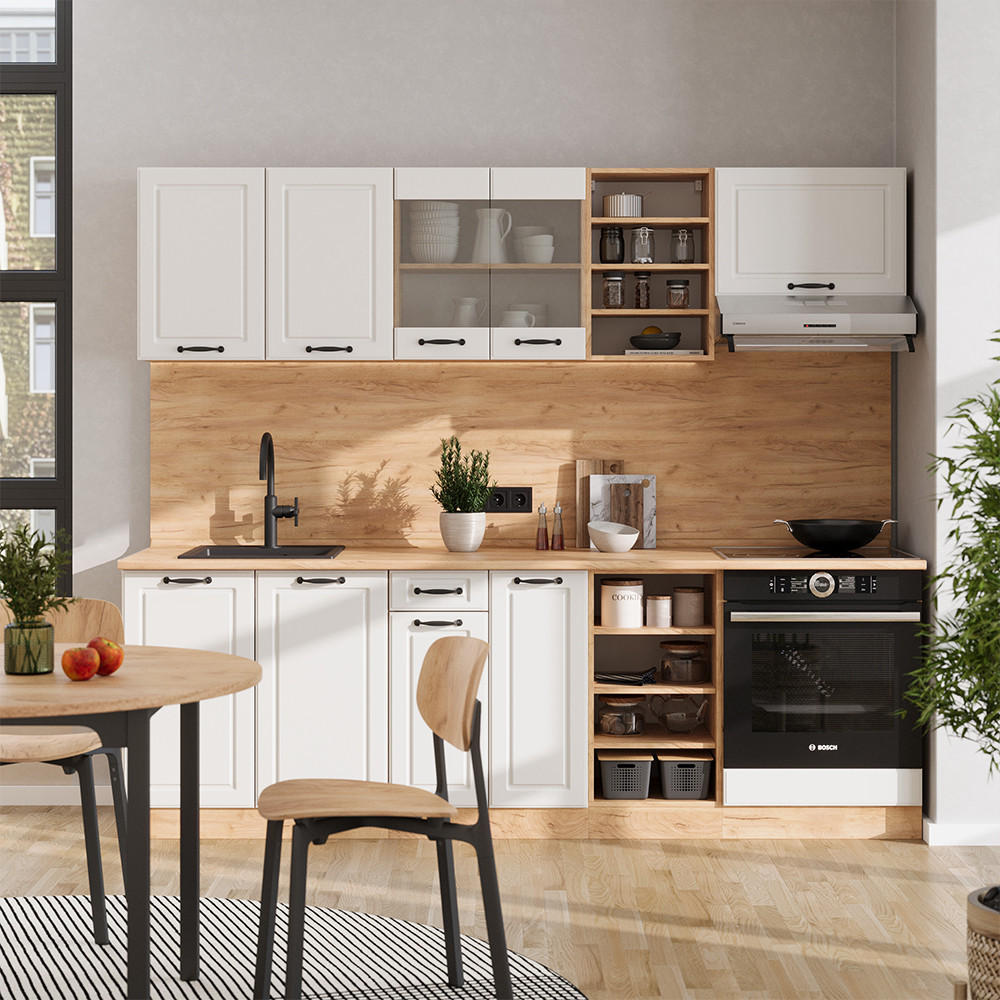 KÜCHENZEILE R-Line Weiß Landhaus/Goldkraft Eiche 240 cm , AP Marmor - Eiche Wotan/Creme, Holzwerkstoff (240/81.6/60cm) - Vicco