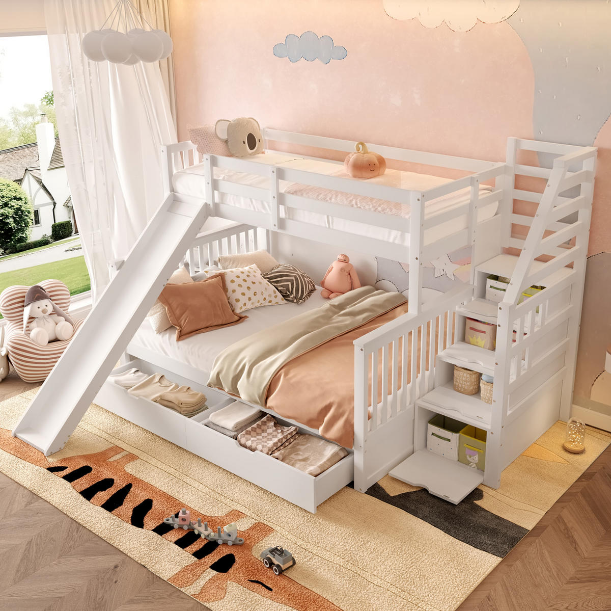 ETAGENBETT 90/200 über 140/200 cm mit Rutsche, 2 Schubladen und Stauraum aus Kiefer/MDF, Antikweiß - Weiß, Holzwerkstoff (90/200cm) - Redom