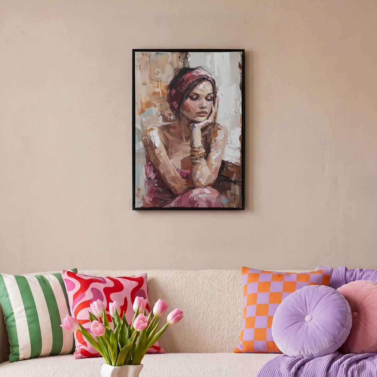 LEINWAND Bilder mit Rahmen - Frau - Lackierung - Porträt - Modern - 40x60 - Altrosa, Textil (40/60cm) - MuchoWow
