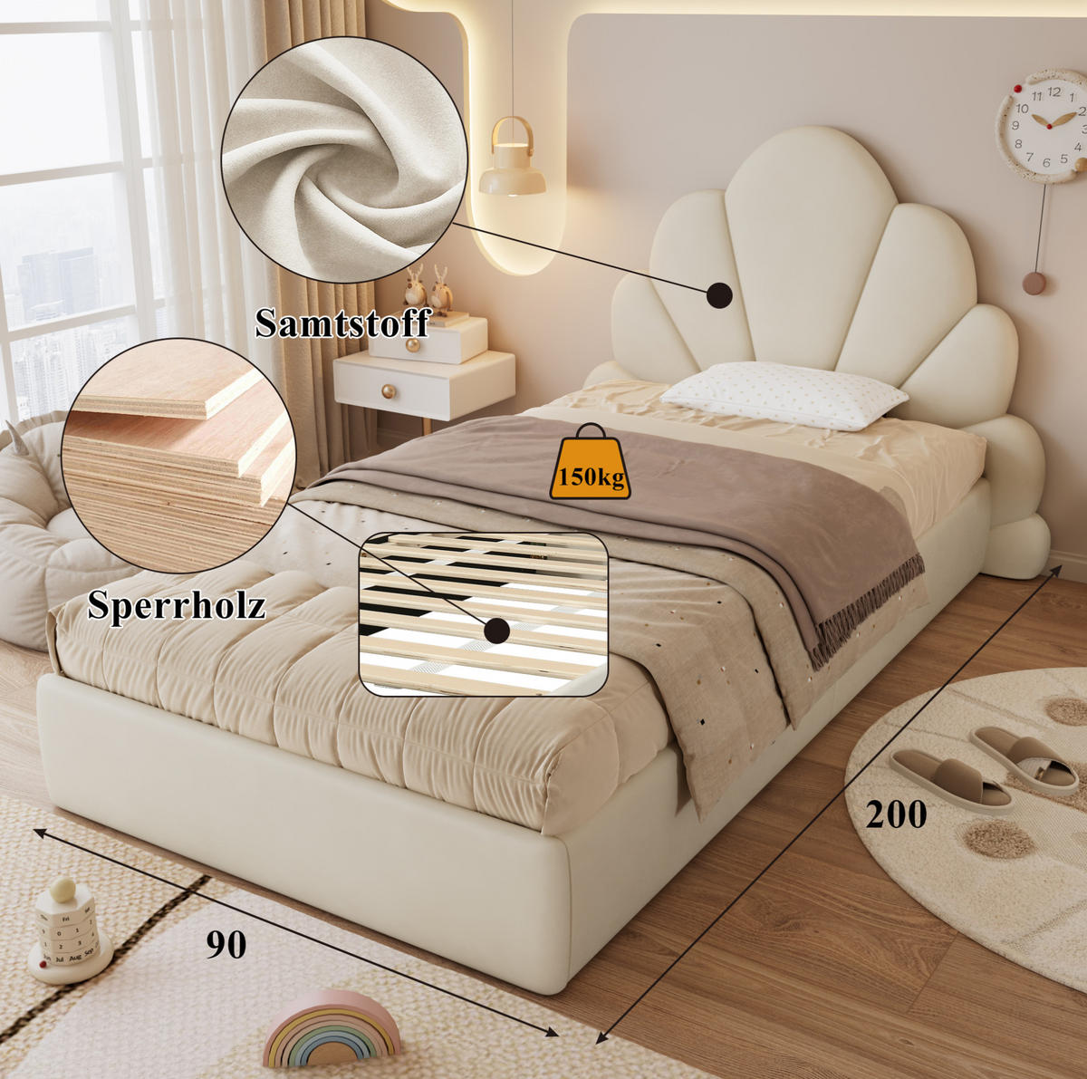 POLSTERBETT 90x200 cm Samt Beige Einzelbett - Beige, Metall (90/200cm) - Meubliv