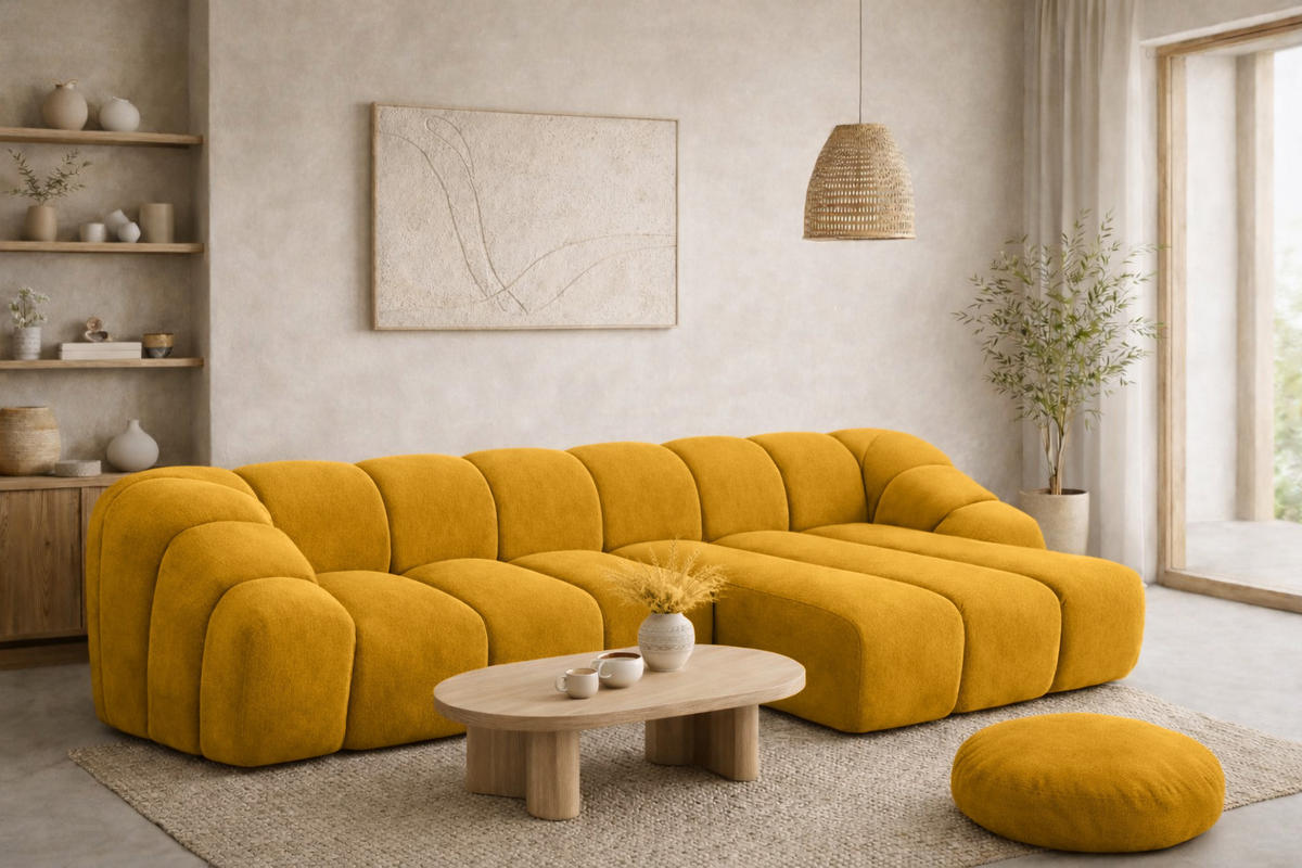 ECKSOFA Modulare L-Form, Veloursstoff Bluvel, Golden, Rechts, CROISSANT L - Goldfarben, Holz (305/190cm) - Kaiser Möbel