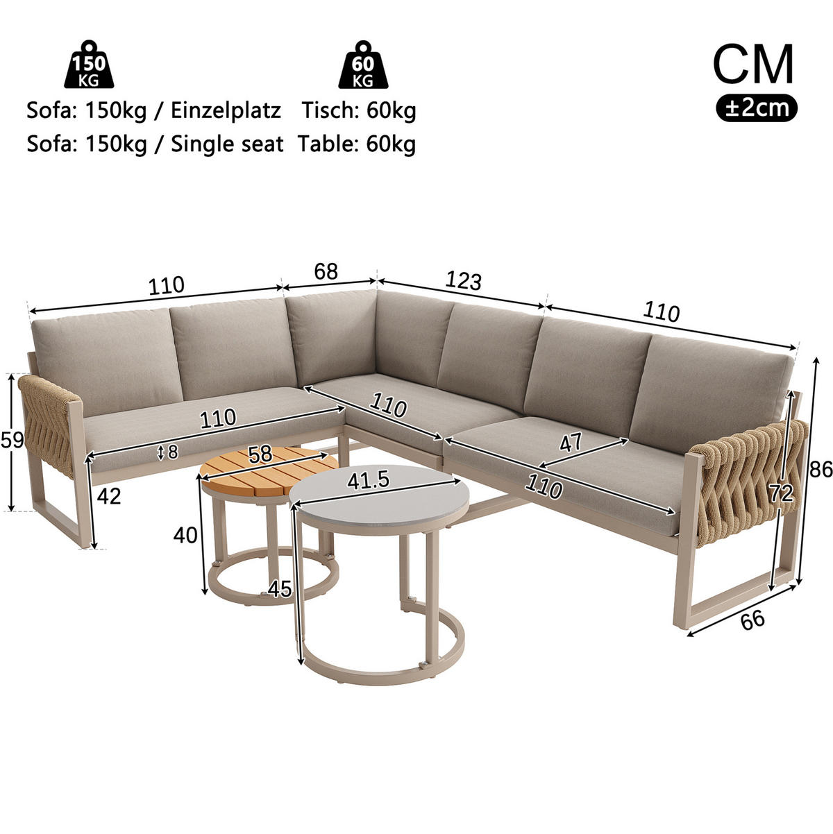 GARTENMÖBEL 110x66x86cm grau aus Metall und Olefin - Grau, Metall - Modfu
