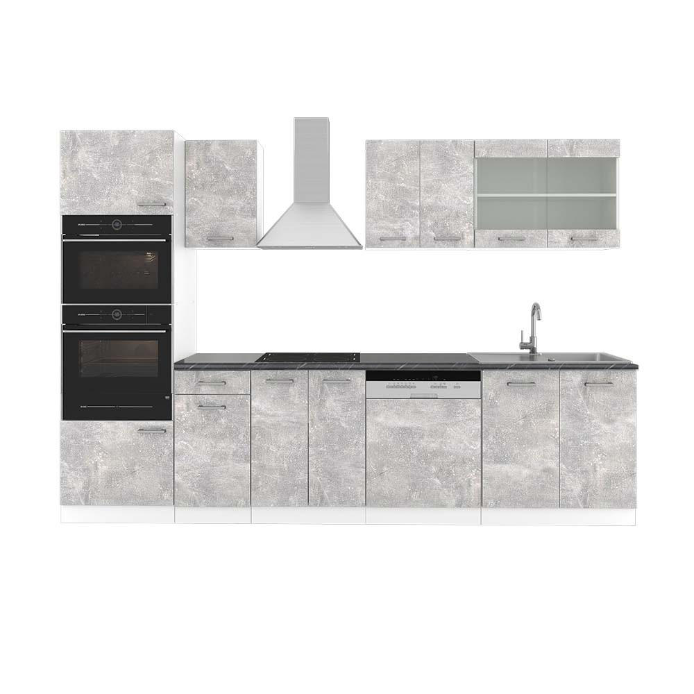 KÜCHENZEILE R-Line Beton/Weiß 300 cm mit Hochschrank, AP Anthrazit - Schieferfarben/Weiß, Holzwerkstoff (300/81.6/60cm) - Vicco