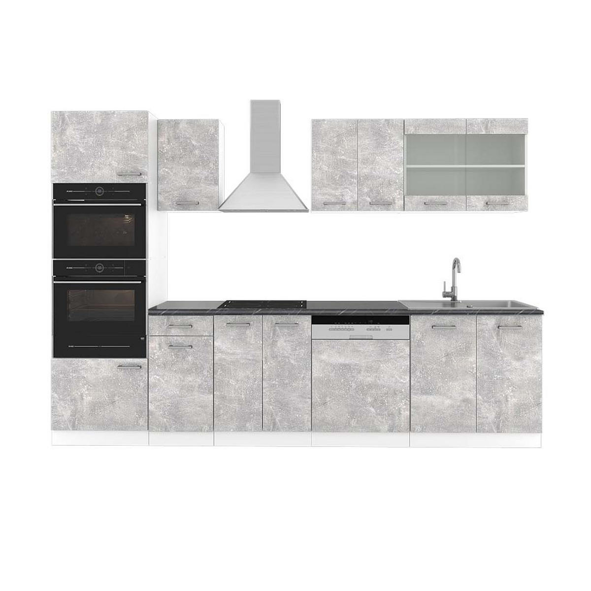KÜCHENZEILE R-Line Beton/Weiß 300 cm mit Hochschrank, AP Anthrazit - Schieferfarben/Weiß, Holzwerkstoff (300/81.6/60cm) - Vicco