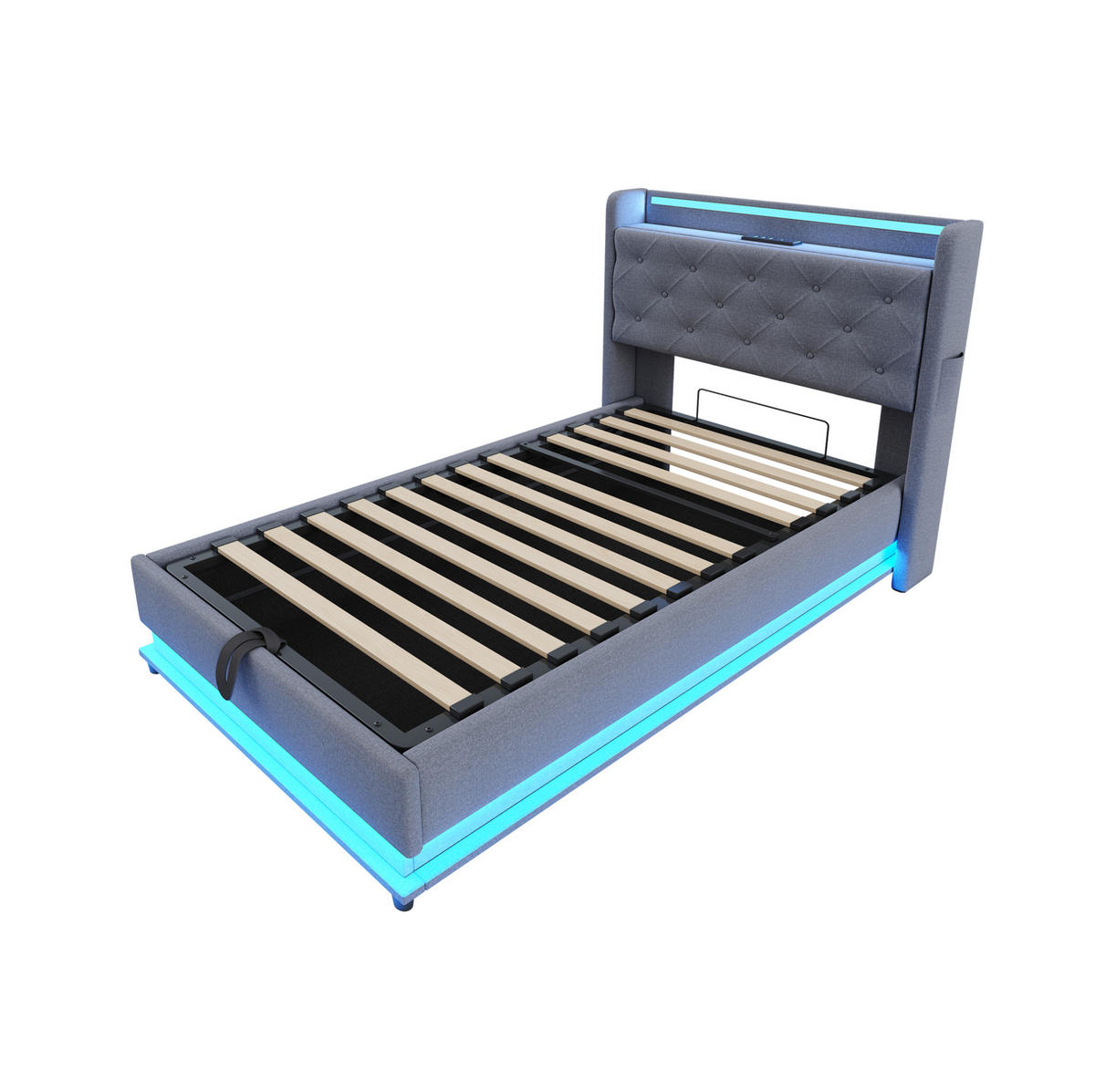 POLSTERBETT 90/200 cm Grau mit hydraulischem Stauraum und USB-Anschlüssen - Grau, Textil (90/200cm) - OKWISH
