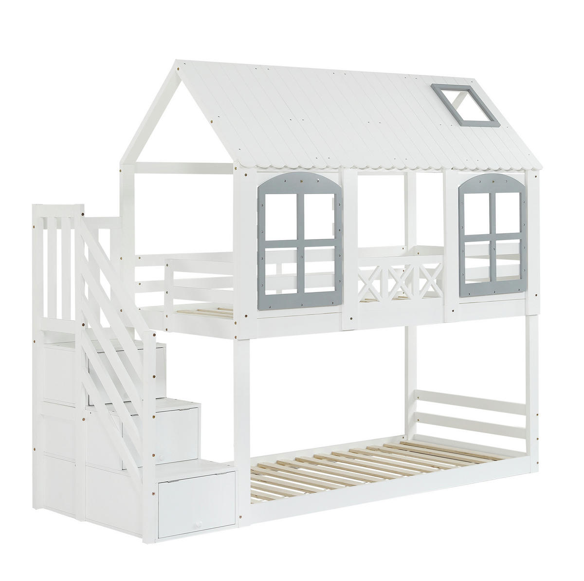 DOMČEKOVÁ posteľ z masívu a MDF, 90/200 cm biela/sivá, so strieškou a úložnými schodmi - biela, kompozitné drevo (90/200cm) - BEAOK
