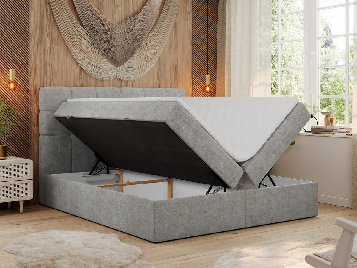 BOXBETT ERNI 120/200 - Hellgrau Strukture - H3 - Hellgrau, Holz/Textil (120/200cm) - MKS