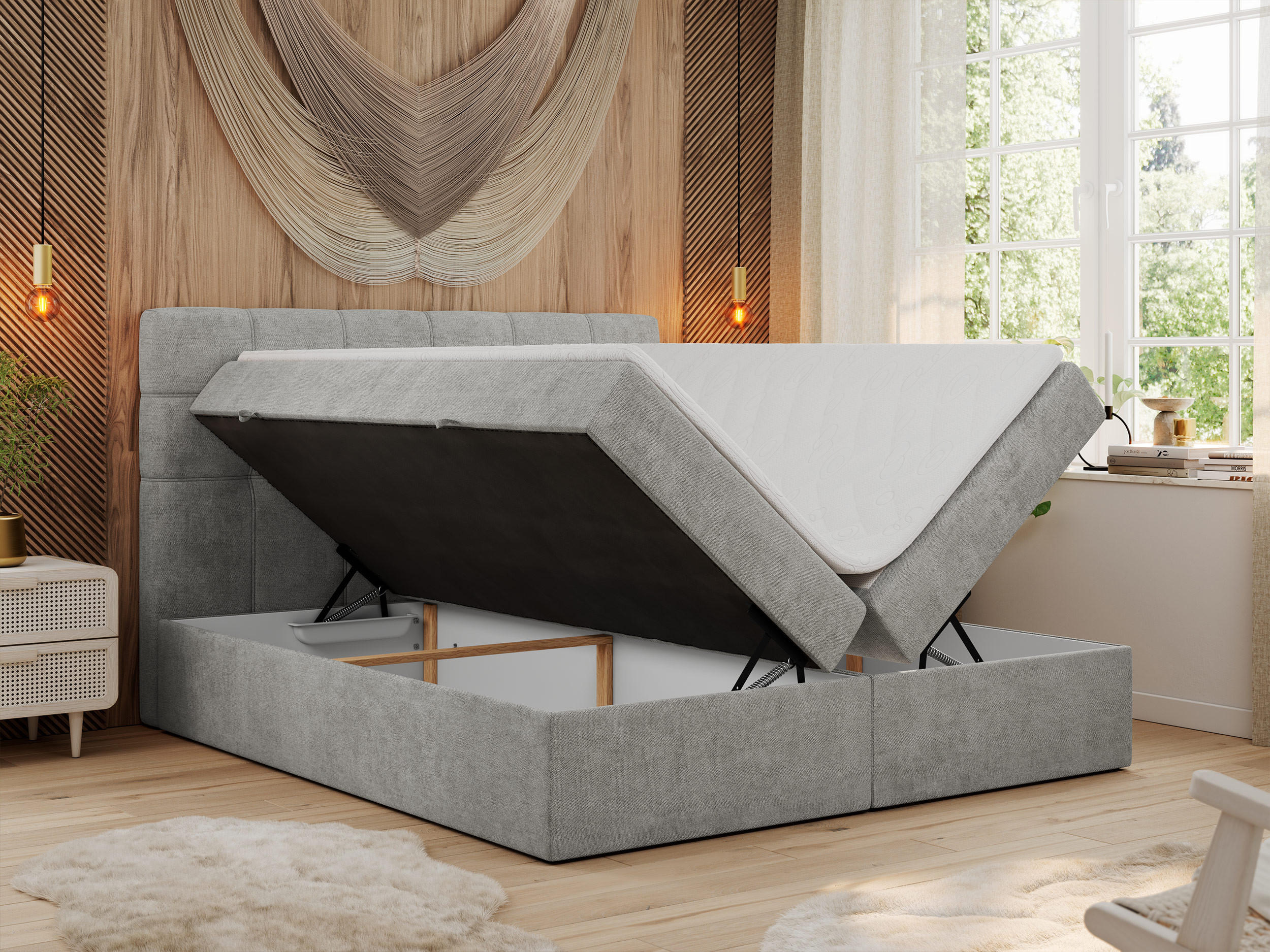 Thumbnail - MKS Boxbett, Hellgrau, Textil, 2-Sitzer, H4, Rechteckig, 200x200 cm, Schlafzimmer, Betten, Boxspringbetten