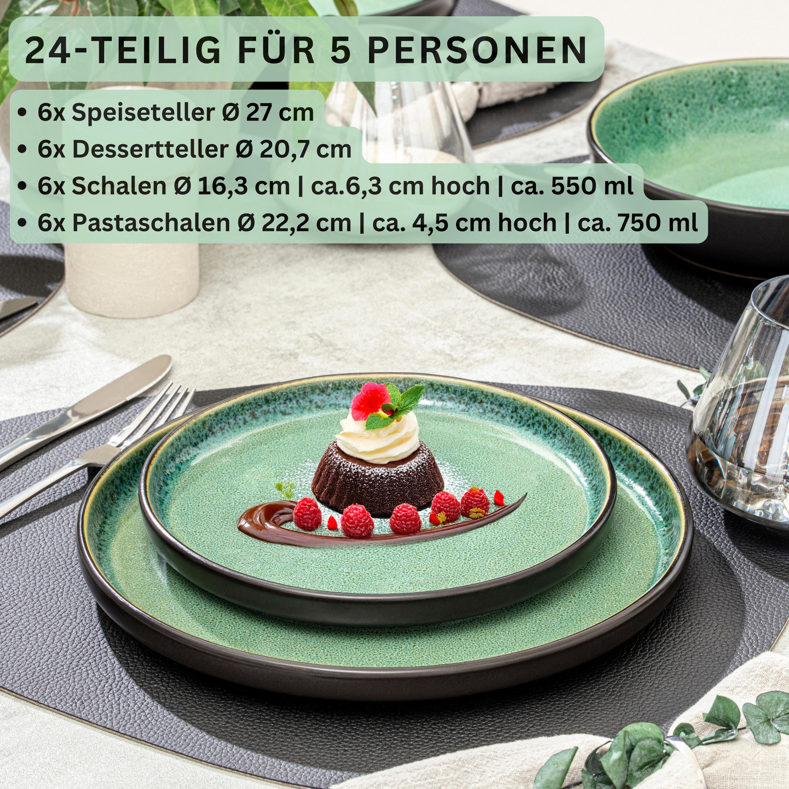 TAFELSERVICE GREENWICH - 24 teilig aus Steingut - Grün, Stein (27/6.3/27cm) - Sänger
