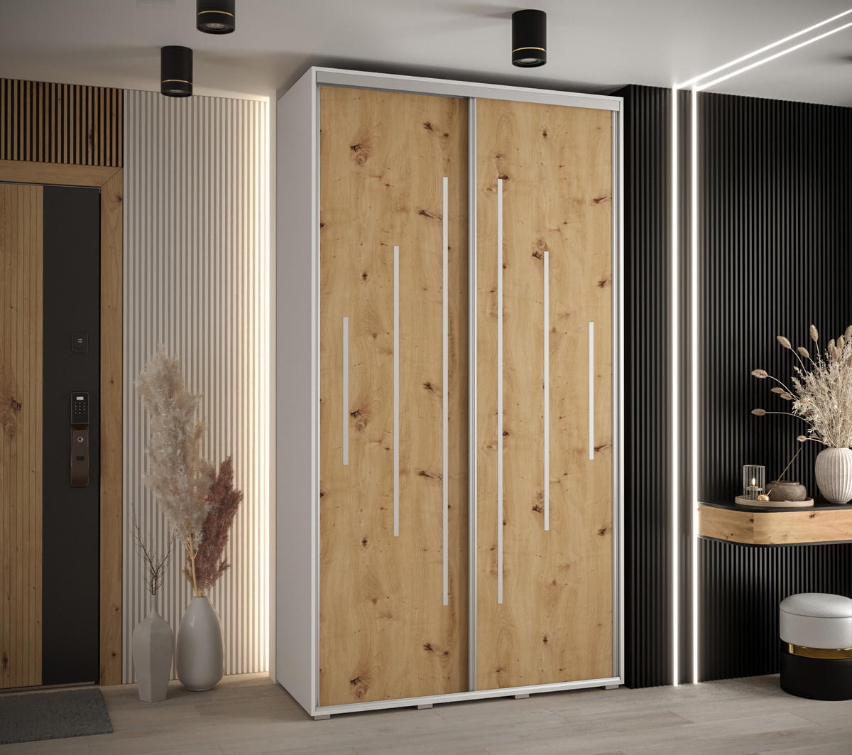 SCHWEBETÜRENSCHRANK 235,2/130/45 2-türig - Silberfarben/Eiche Artisan, Holz/Metall (130/235/45cm) - Abiks Möbel