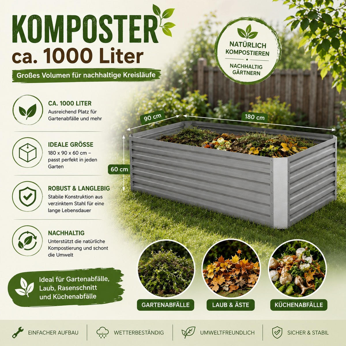 KOMPOSTER Garten, Silber, 180 x 90 cm - Silberfarben, Metall (180/60/90cm) - Vicco