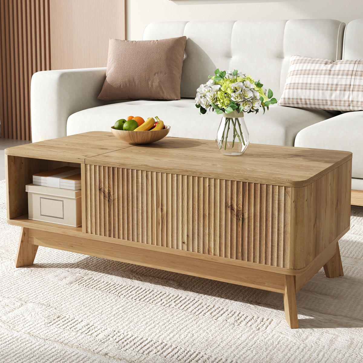 KONFERENČNÍSTOLEK Zvedací Vlnitý MDF Úložný - přírodní, kompozitní dřevo (95/48/50cm) - FLIEKS