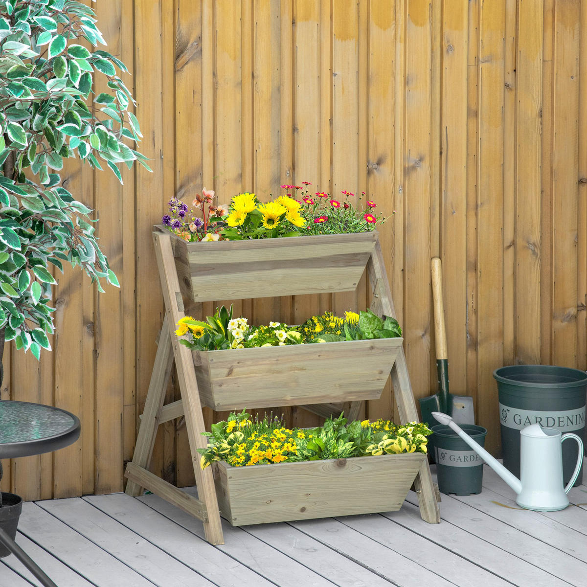 HOCHBEET 3-Stufig DE-12110 71/61/77 cm mit Bewässerung Natur - Grün, Holz (71/77/61cm) - ComfortXL