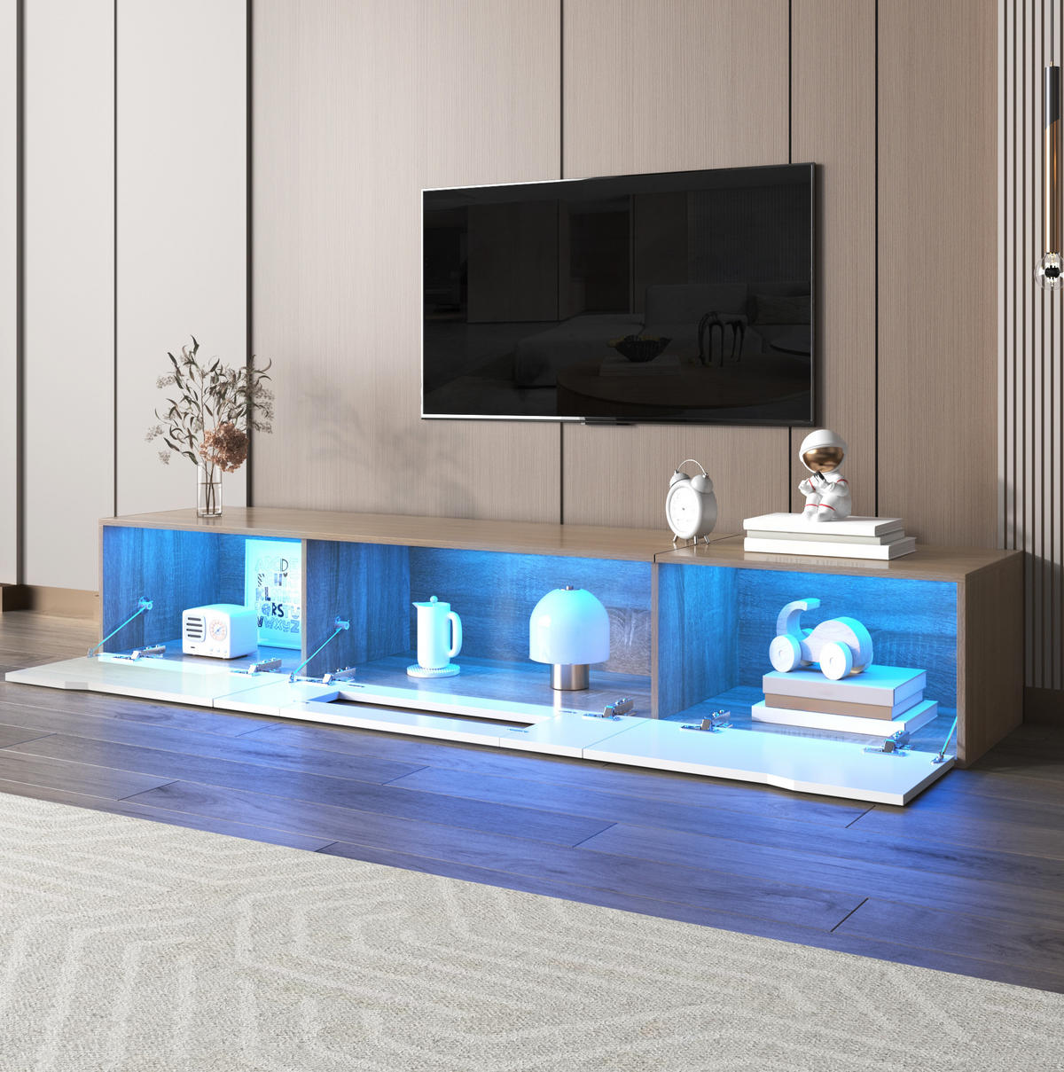 LOWBOARD 180/35/30 cm Weiß/Holzfarbe aus Spanplatte mit LED-Beleuchtung - Weiß, Holzwerkstoff (35/30/180cm) - OKMYHOME