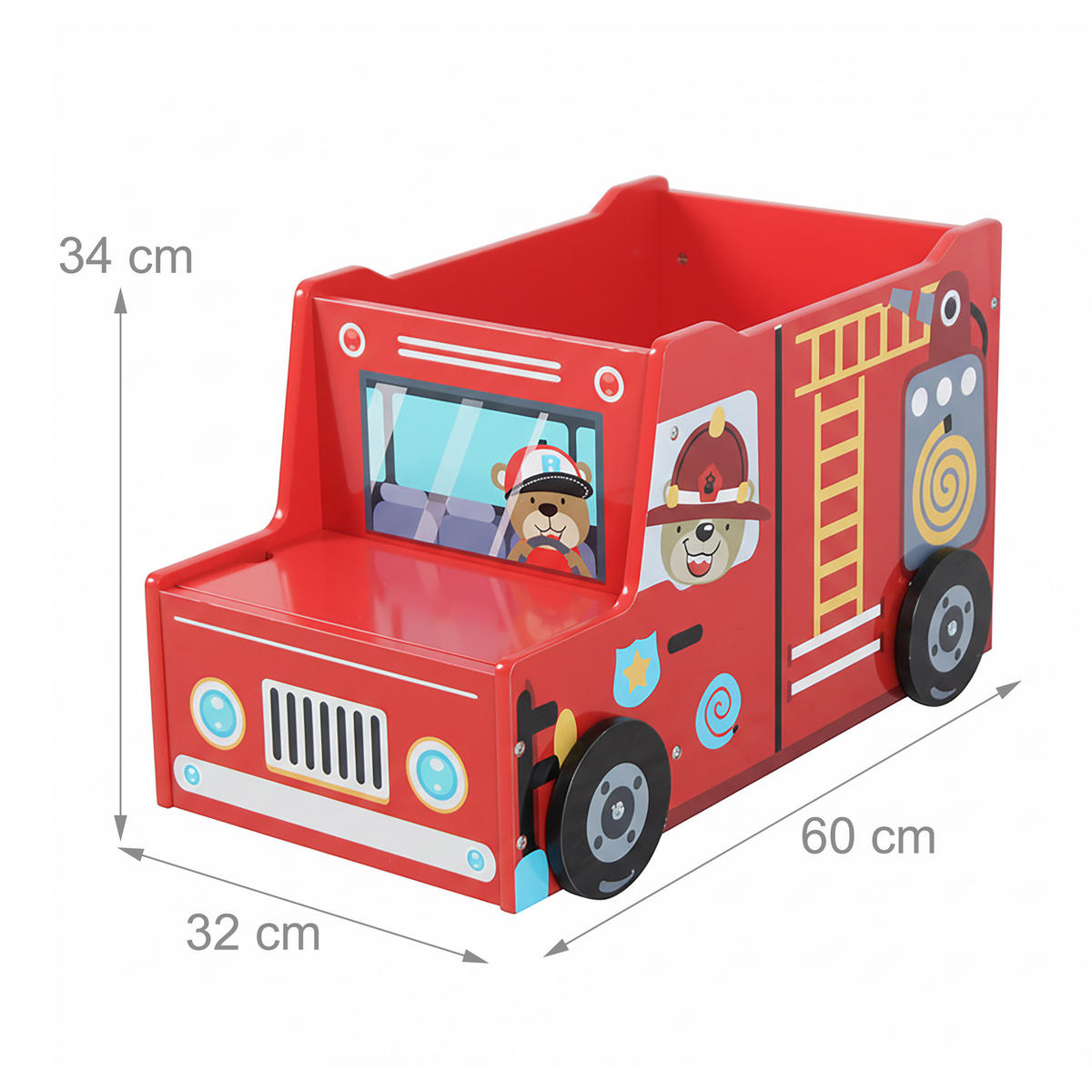 TRUHLA Vícebarevná na hračky hasičské auto MDF - červená, kompozitní dřevo (60/32cm) - Relaxdays
