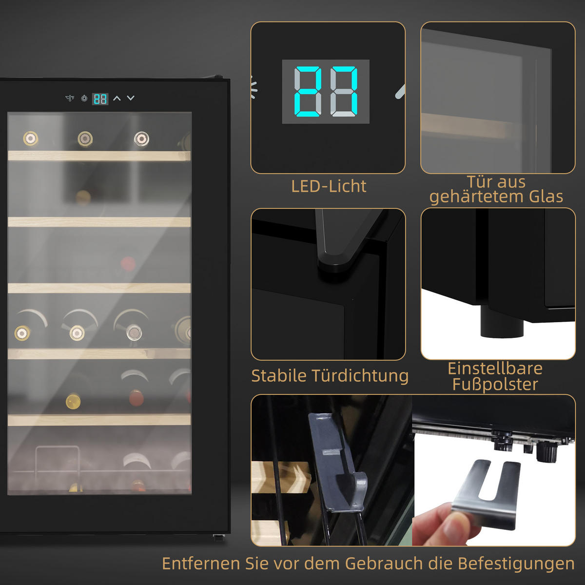 WEINKÜHLSCHRANK Metall Hartglas Schwarz - Schwarz, Metall (45/75/43cm) - HOMCOM