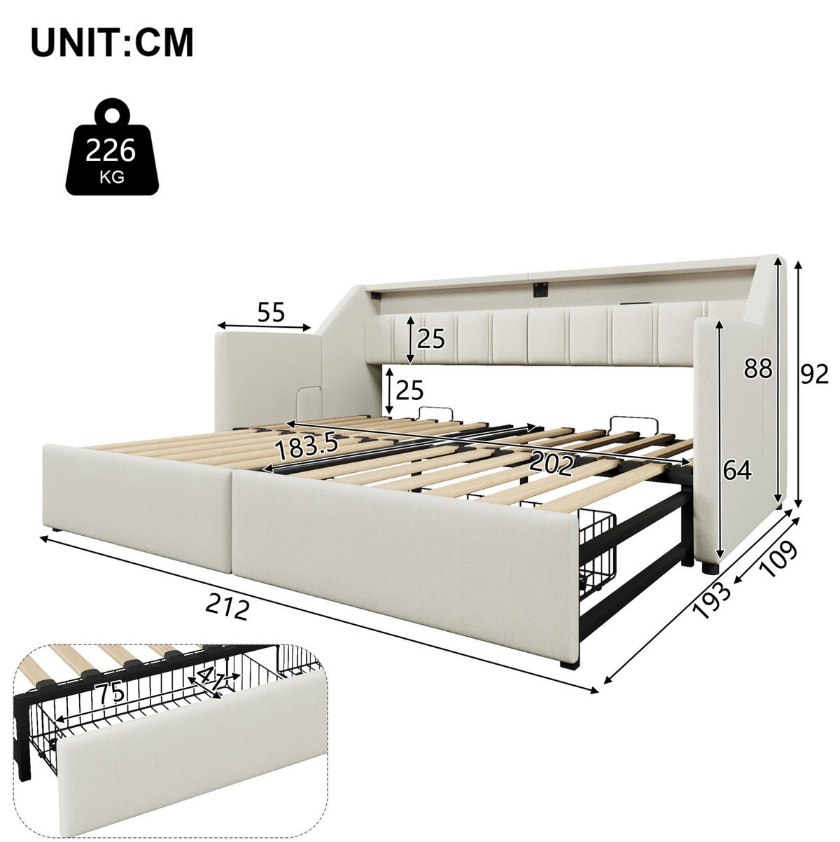 BETT aus Leinen 90x200 cm Beige mit USB, Typ-C, LED-Leiste und Ausziehfunktion - Beige, Textil (90/200cm) - Modfu