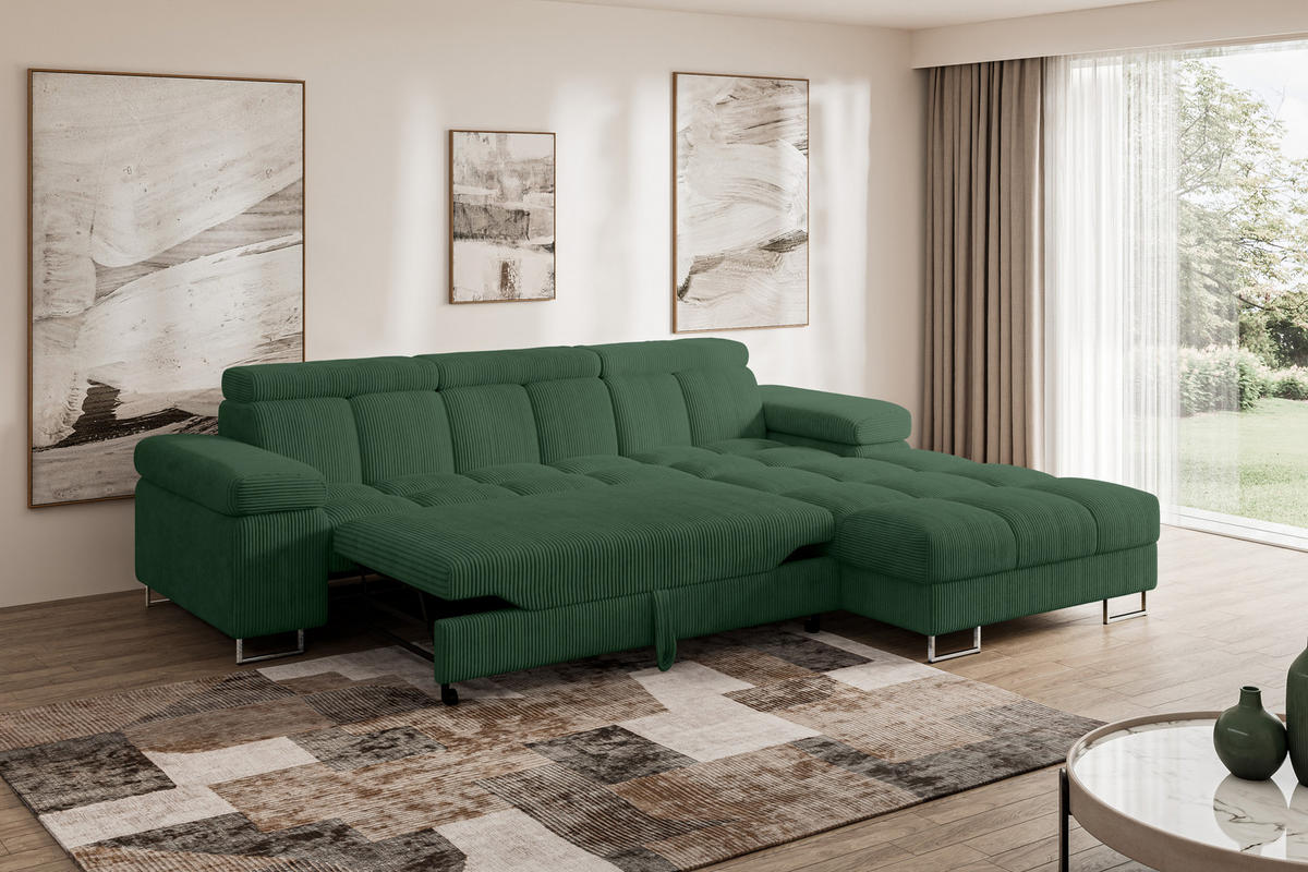 ECKSOFA mit Schlaffunktion Ottomane Rechts COMA L 271x203x79 Grün Cord - Waldgrün, Holzwerkstoff/Textil (203/271cm) - ALTDECOR
