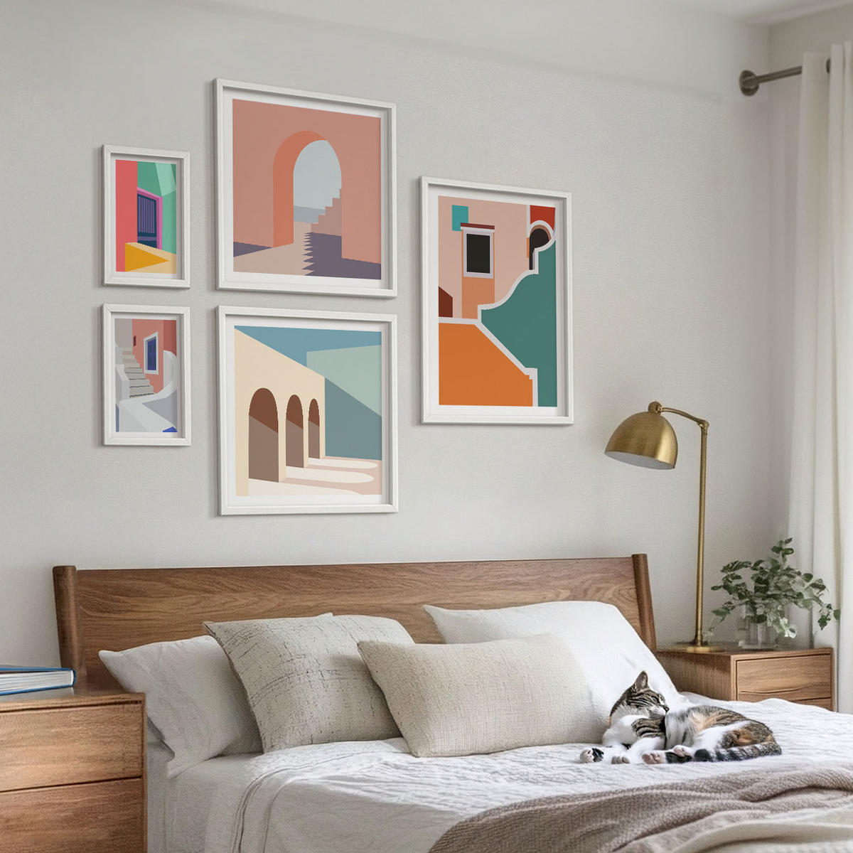BILDER SET 5er Set - 50x50 cm & 20x30 cm & 40x60 cm Weißer Rahmen - Farbenfrohe moderne Gebäude - Weiß, Kunststoff (40/60cm) - TULUP