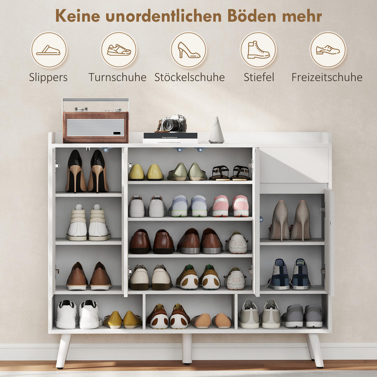 SCHUHSCHRANK mit 4 Tür, Druck zum Öffnen-Design Verstellbaren Ablagen, Schublade - Weiß, Holz/Holzwerkstoff (35/100/120cm) - HOMCOM