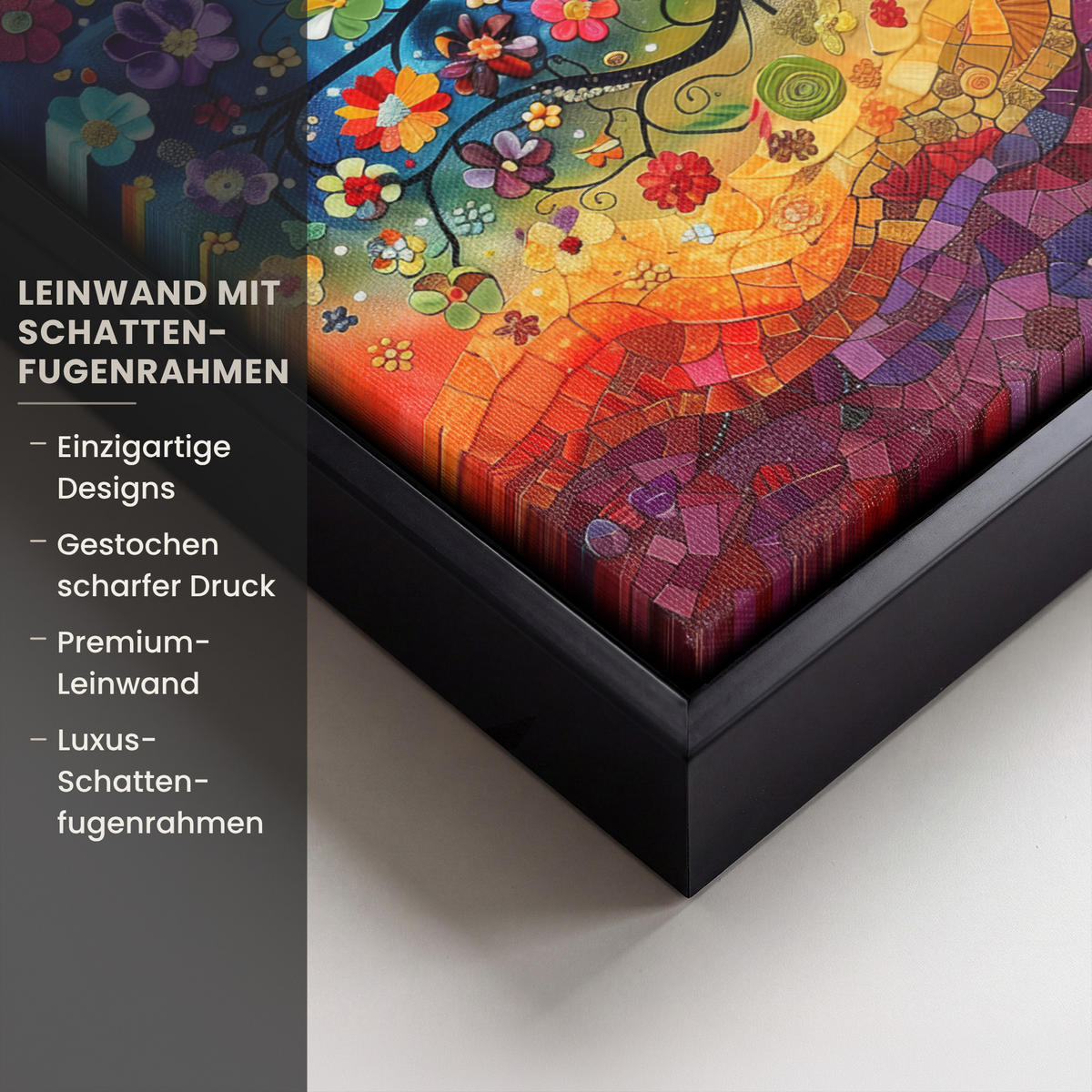LEINWAND Bilder mit Rahmen - Kunst - Baum des Lebens - Blumen - Hippie - 30x20 - Dunkelblau, Textil (30/20cm) - MuchoWow