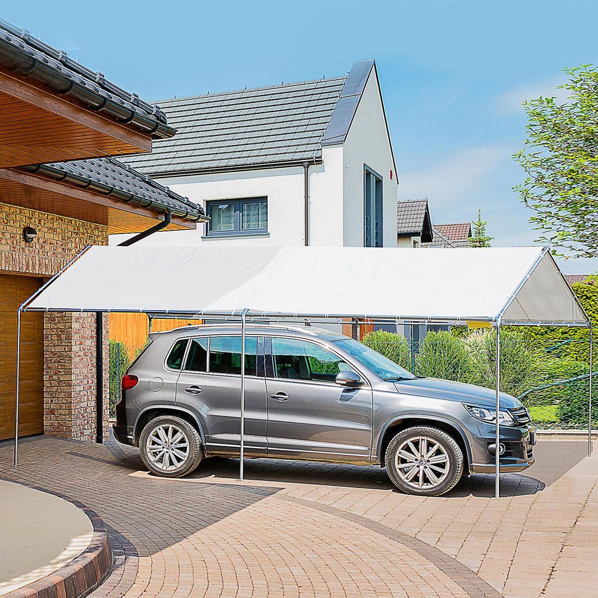 CARPORT DE-12767 600/300 cm 170 g/m² wasserdicht mit Doppeldach Weiß - Weiß, Kunststoff (595/260/290cm) - ComfortXL